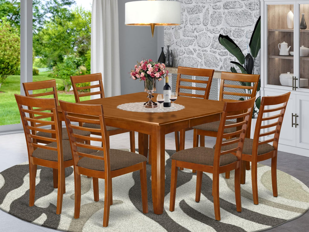 East West Furniture PFML9-SBR-C 9 Piece Kitchen Table & Chairs Set Includes a Square Dining Table with Butterfly Leaf and 8 Linen Fabric Dining Room Chairs, 54x54 Inch, Saddle Brown