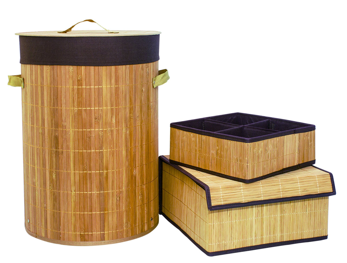 FixtureDisplays Set of 3 Laundry Hampers Bamboo Round Wicker Clothes Bin Baskets Storage Bin Organizers Retail Dump Bin Folding 