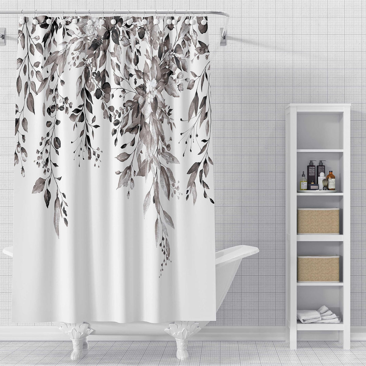 Bivinar Black And White Eucalyptus Leaves Shower Curtain, Watercolor Plant Floral Bathroom Shower Curtain, Fabric Waterproof Bot