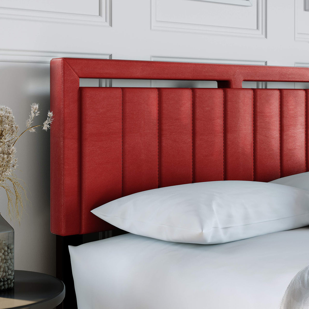 Boyd Sleep Beaumont Upholstered Platform Bed with Headboard, Mattress Foundation with Strong 14 Wood Slat Supports, No Box Spring Required, Red Faux Leather, Size Full