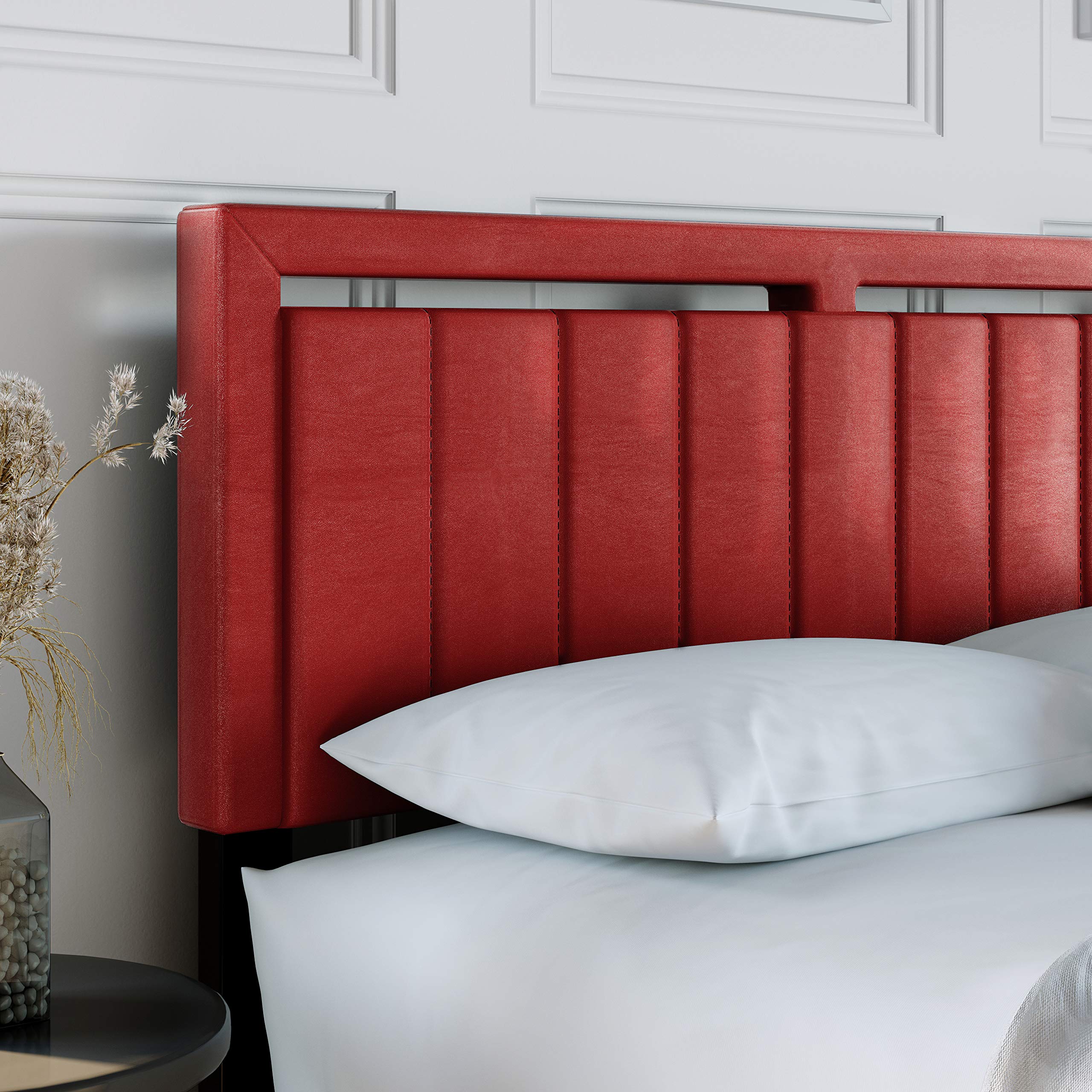 Boyd Sleep Beaumont Upholstered Platform Bed with Headboard, Mattress Foundation with Strong 14 Wood Slat Supports, No Box Spring Required, Red Faux Leather, Size Queen