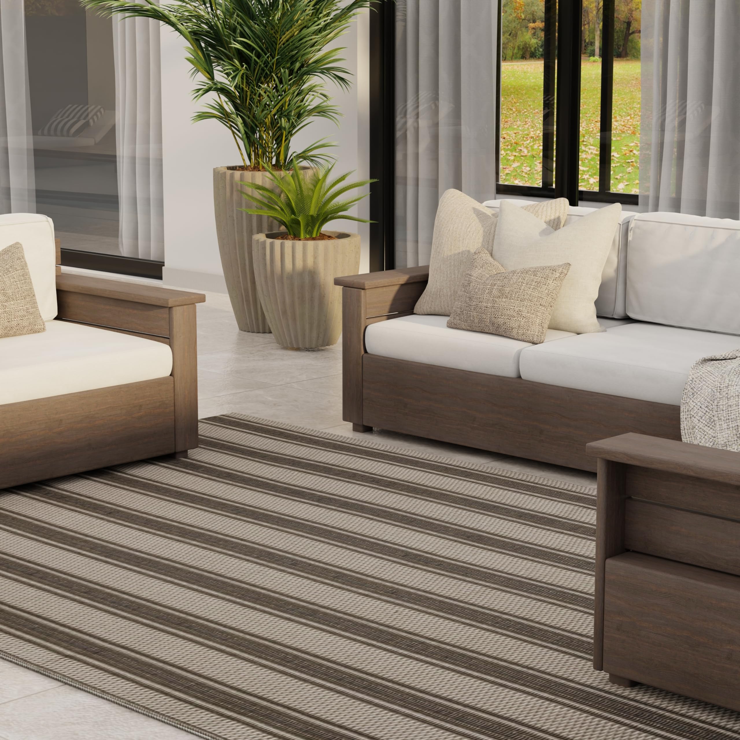 Mad Mats Geometric Outdoor Rug, Reversible Plastic Mat (4' X 6', Vertical Stripe - Beige)