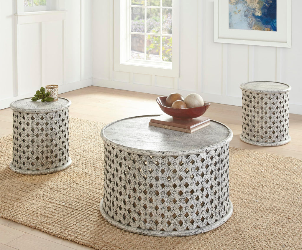 Steve Silver Samir Mango Wood End Hand-Crafted, Aged Alabaster Finish, Transitional Design with Latticework Base Table, 17 x 17 x 17