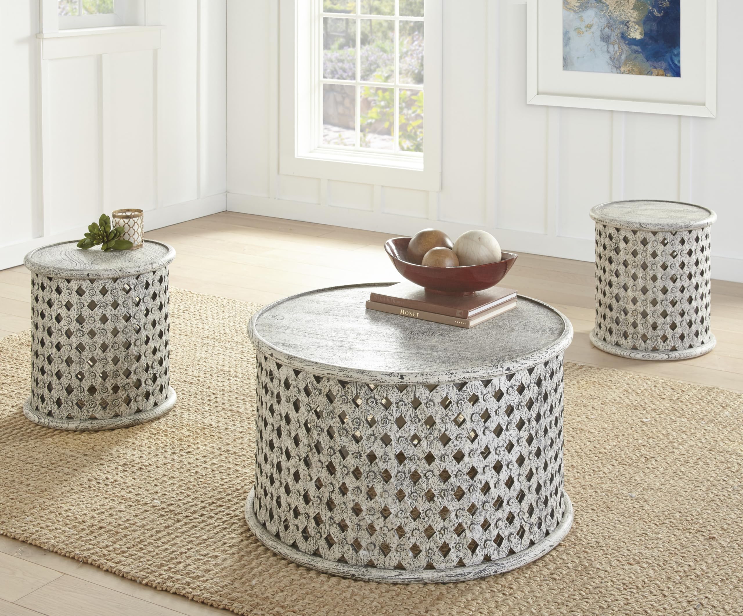 Steve Silver Samir Mango Wood End Hand-Crafted, Aged Alabaster Finish, Transitional Design with Latticework Base Table, 17 x 17 x 17