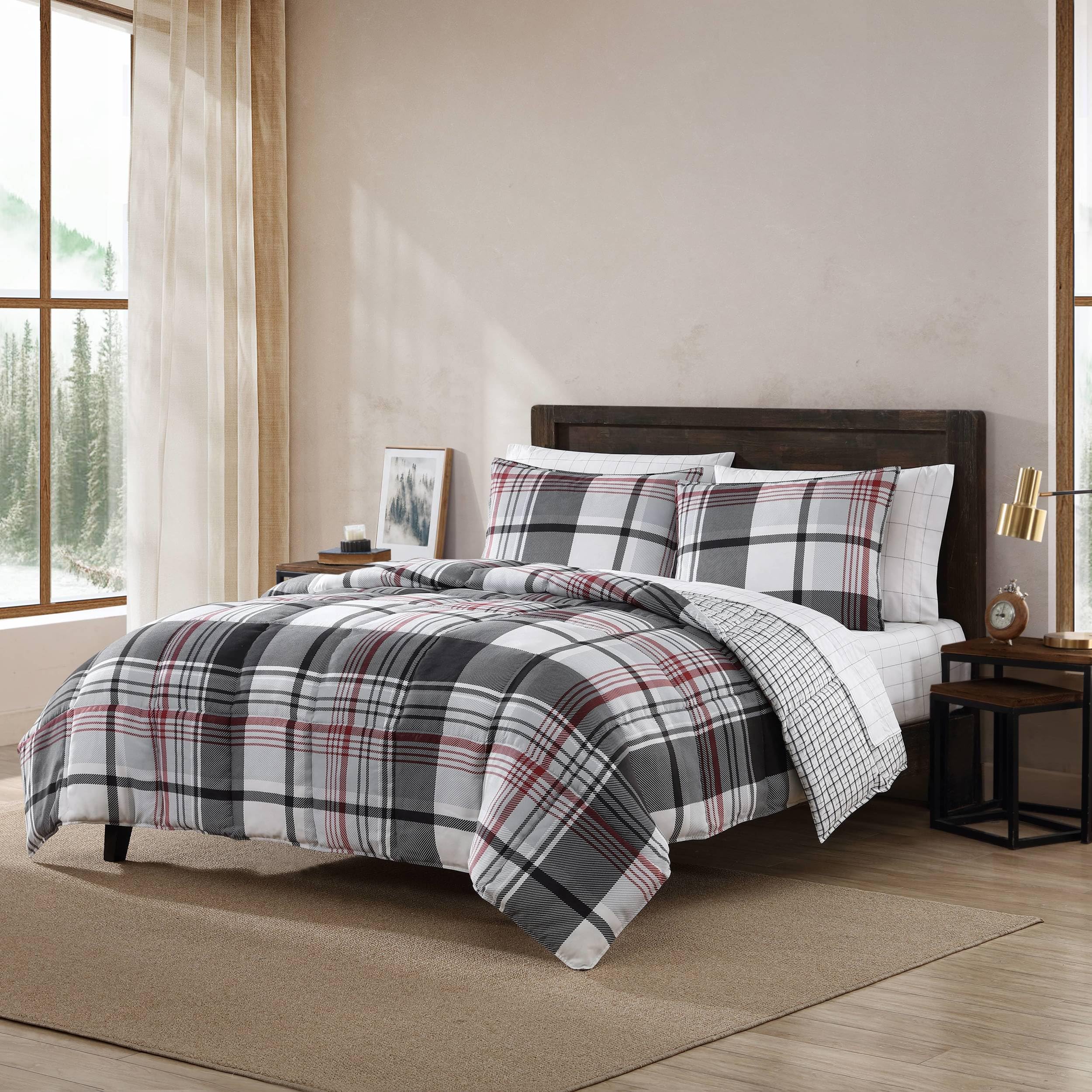 Eddie Bauer- Twin Comforter Set, Reversible Microsuede Bedding With Matching Sham(S), Casual Home Decor (Normandy Plaid Black, T