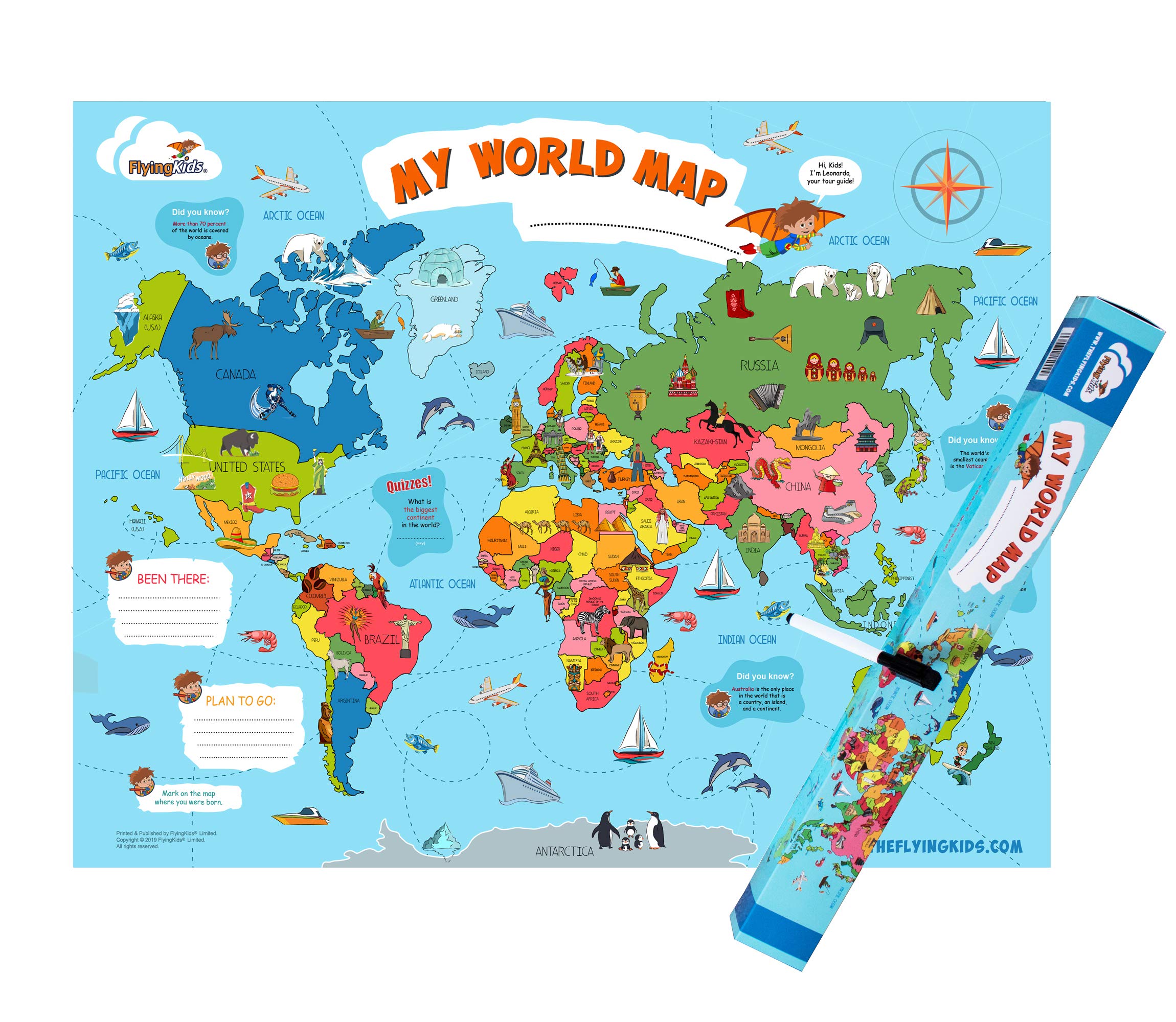 FlyingKids World Map Poster for Kids. Educational, interactive, personalized, laminated nursery wall art that grows up with kids