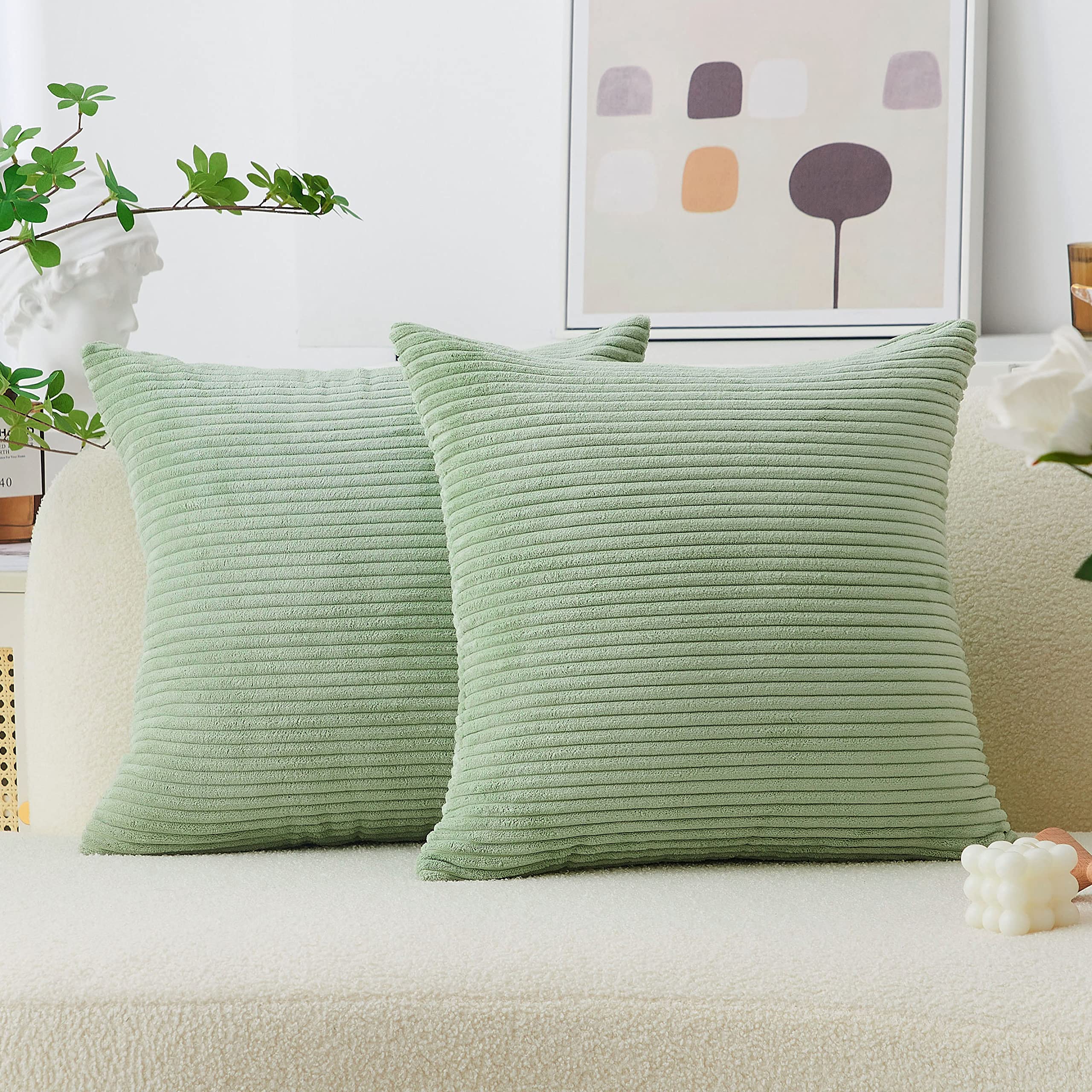 Home Brilliant Throw Pillow Covers 18X18 Solid Plush Corduroy Striped Square Pillow Covers For Couch Set Of 2 Summer Decorative
