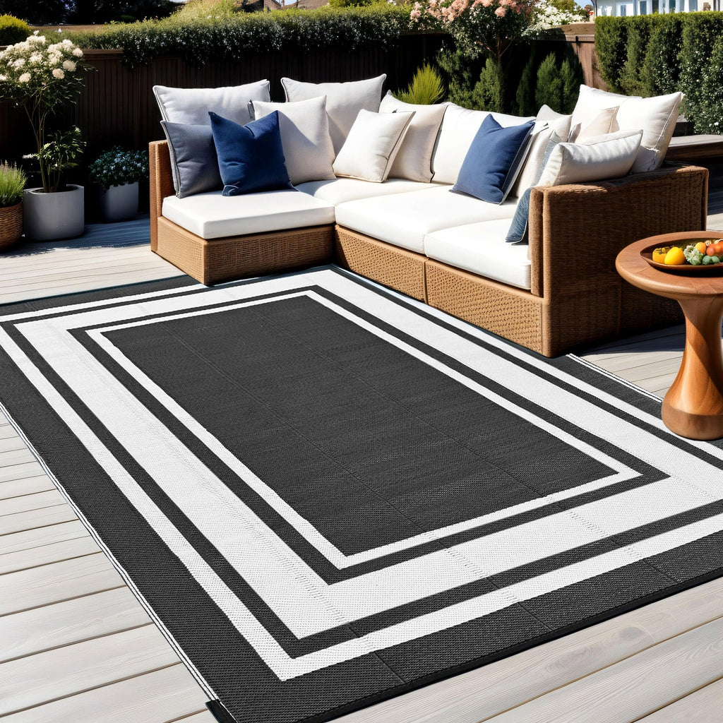 Rurality Outdoor Rugs 6X9 Waterproof For Patios Clearance,Plastic Straw Mats For Backyard,Porch,Deck,Balcony,Reversible,Black And White