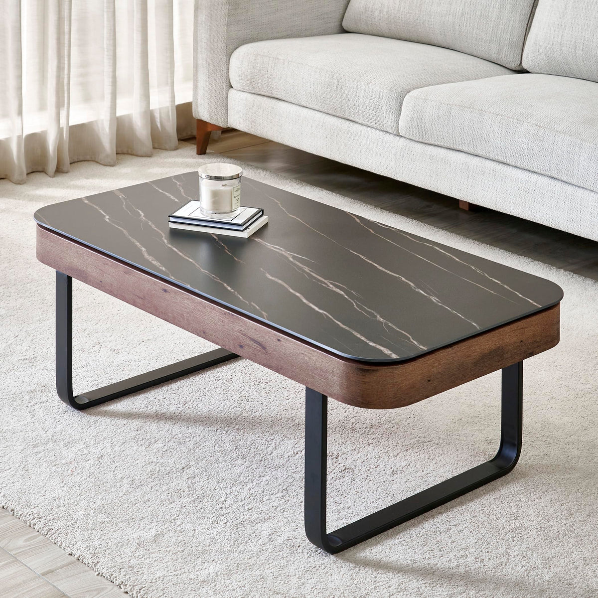 Home Centre | Helios Remington Sintered Stone Coffee Table | Center Table For Living Room | Metal | Black | 1 Year Warranty