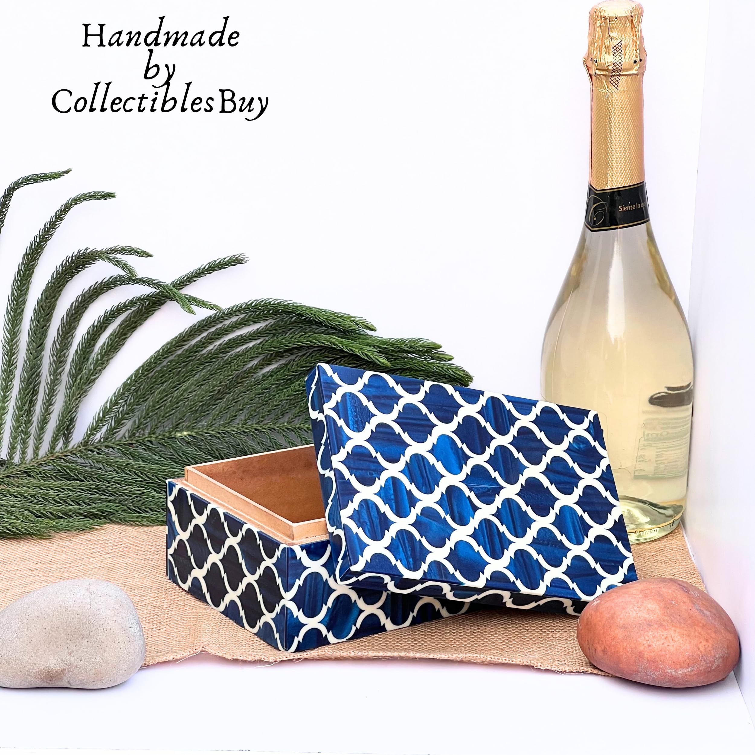 Collectiblesbuy Handmade Jewelry Storage Box Moroccan Pattern Designer Resin Box Royal Home Decorative Rectangle Modern Art Blue