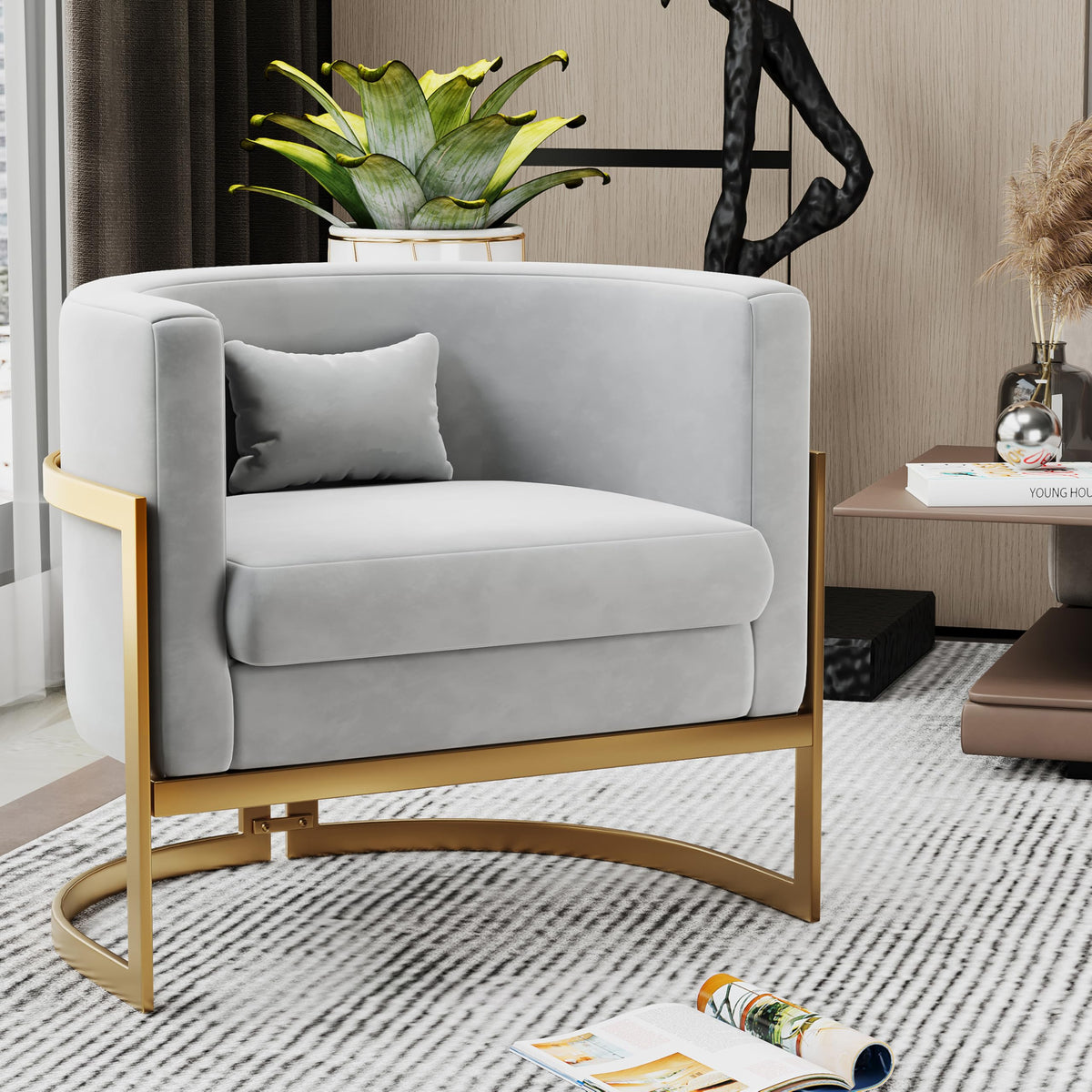 Modern Velvet Accent Chair Barrel Living Room Chairs, Upholstered Armchair Lounge Chair Mid Century Tub Bucket Club Side Chair S