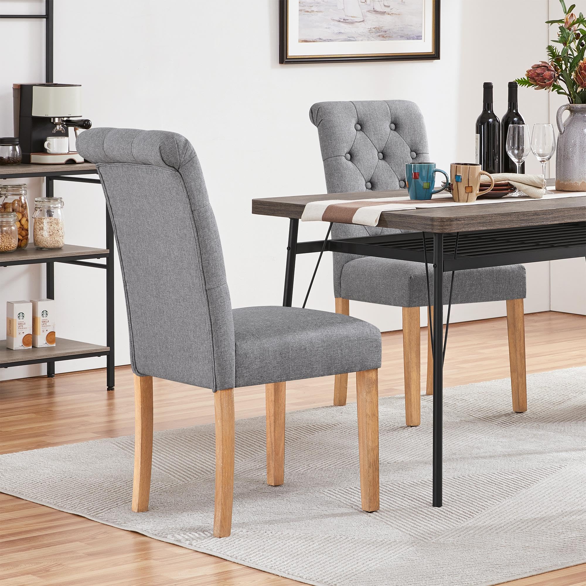 Yaheetech Fabric Upholstered Dining Chairs Set Of 2 Button Tufted High Back Kitchen Chairs With Solid Wood Legs For Home, Restaurant, Dining Room, Dark Gray