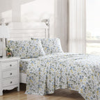 Laura Ashley Home - Queen Sheets, Soft Sateen Cotton Bedding Set - Sleek, Smooth, & Breathable Home Decor (Meadow Floral Blue,4Pcs, Queen)
