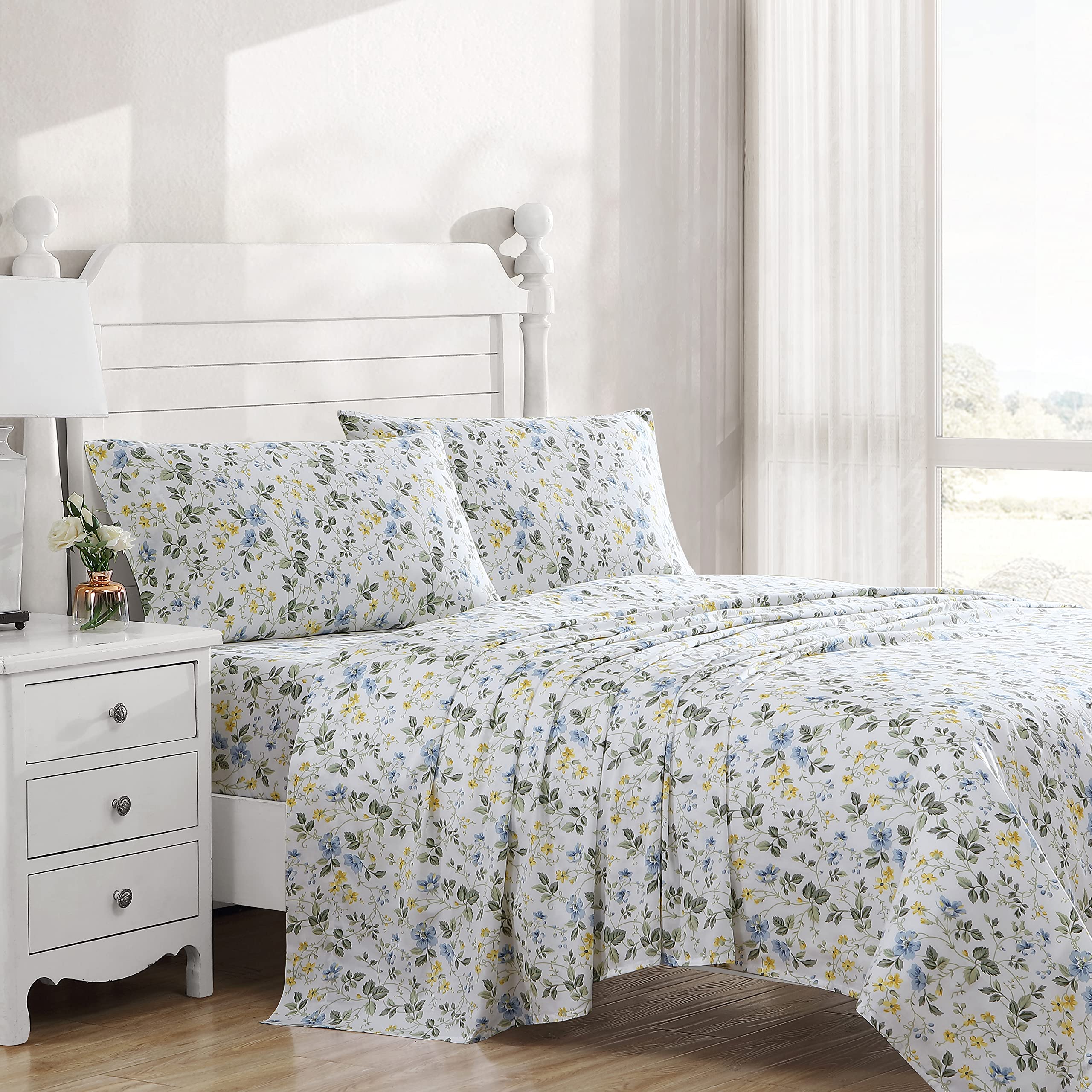 Laura Ashley Home - Queen Sheets, Soft Sateen Cotton Bedding Set - Sleek, Smooth, & Breathable Home Decor (Meadow Floral Blue,4Pcs, Queen)