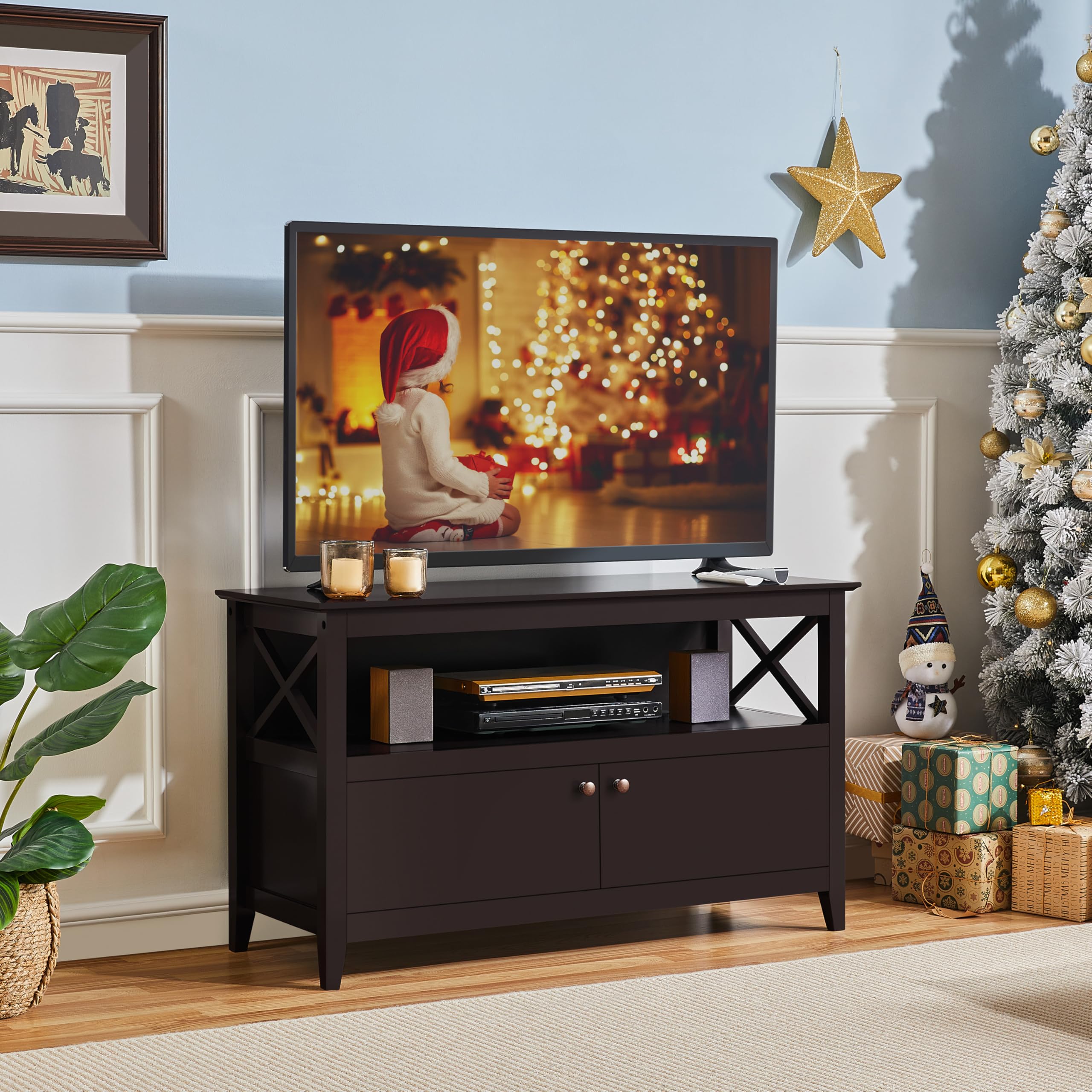 Yaheetech Wooden TV Stand for TVs Up to 48", Espresso, Media Cabinet with Storage Shelf & 2 Doors, Model YT-00089125TS