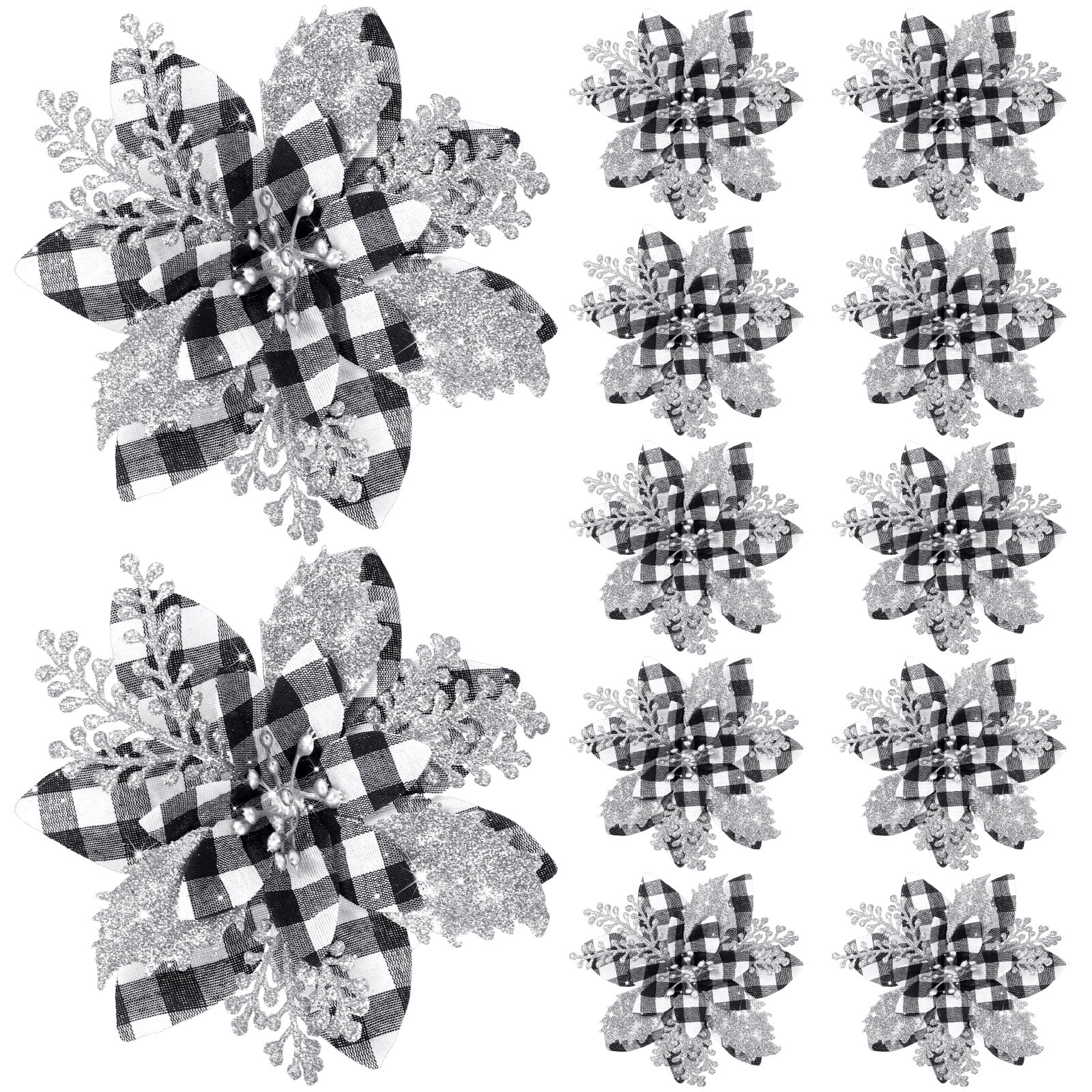 Canlierr 5.7 Inch Artificial Poinsettias Christmas Glitter Flowers with Clips Xmas Tree Flower Ornament Poinsettias Decor (Black