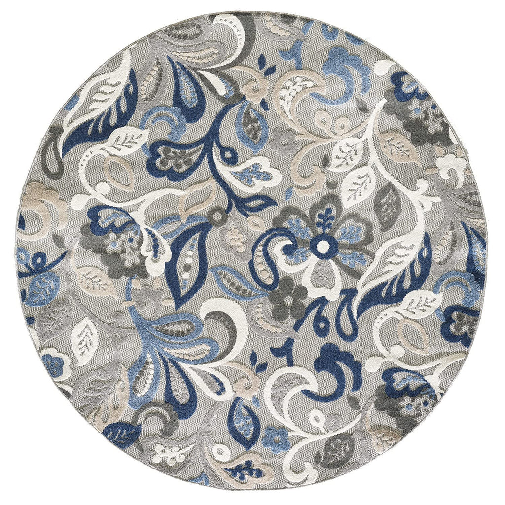 HomeRoots Grey/Blue 8’ Round Blue Gray Jacobean Floral Indoor Outdoor Area Rug