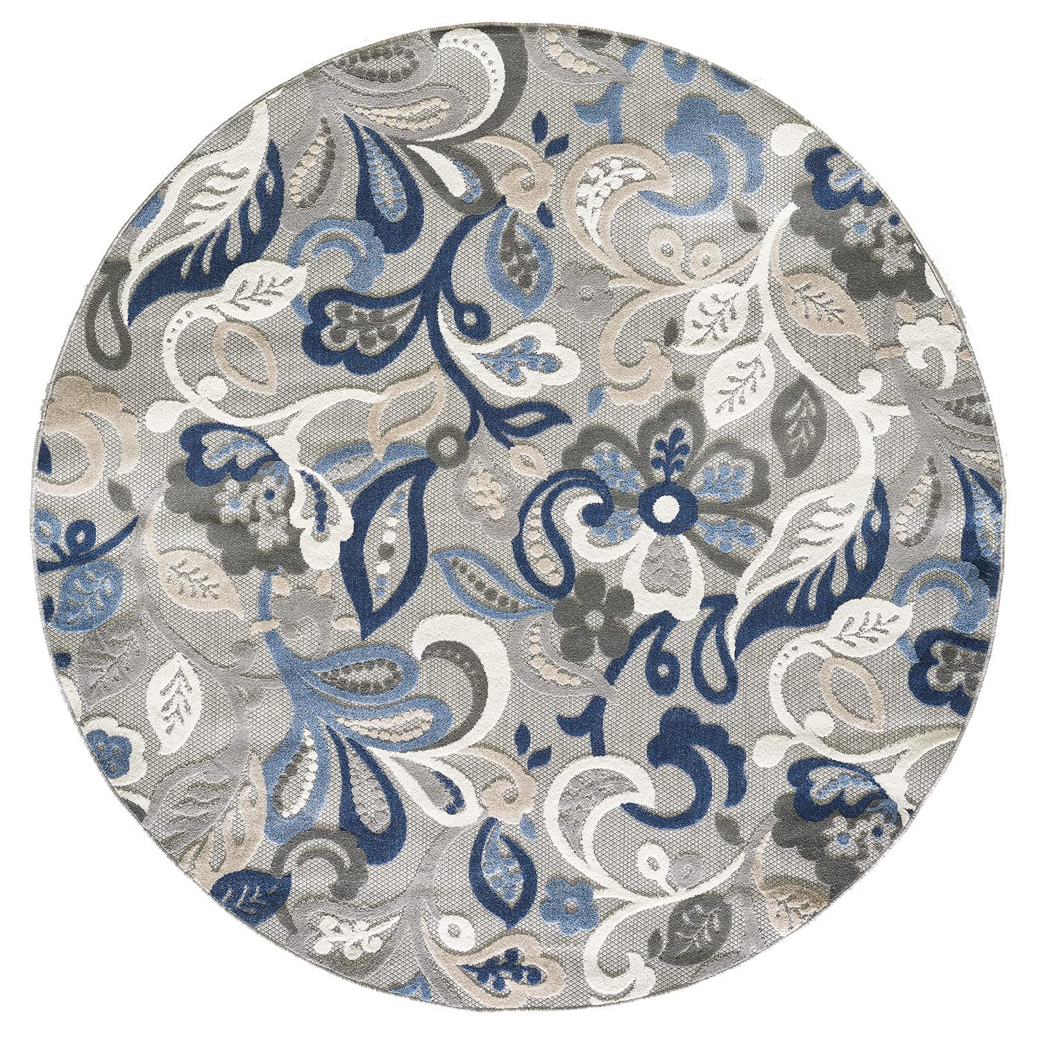 HomeRoots Grey/Blue 8’ Round Blue Gray Jacobean Floral Indoor Outdoor Area Rug