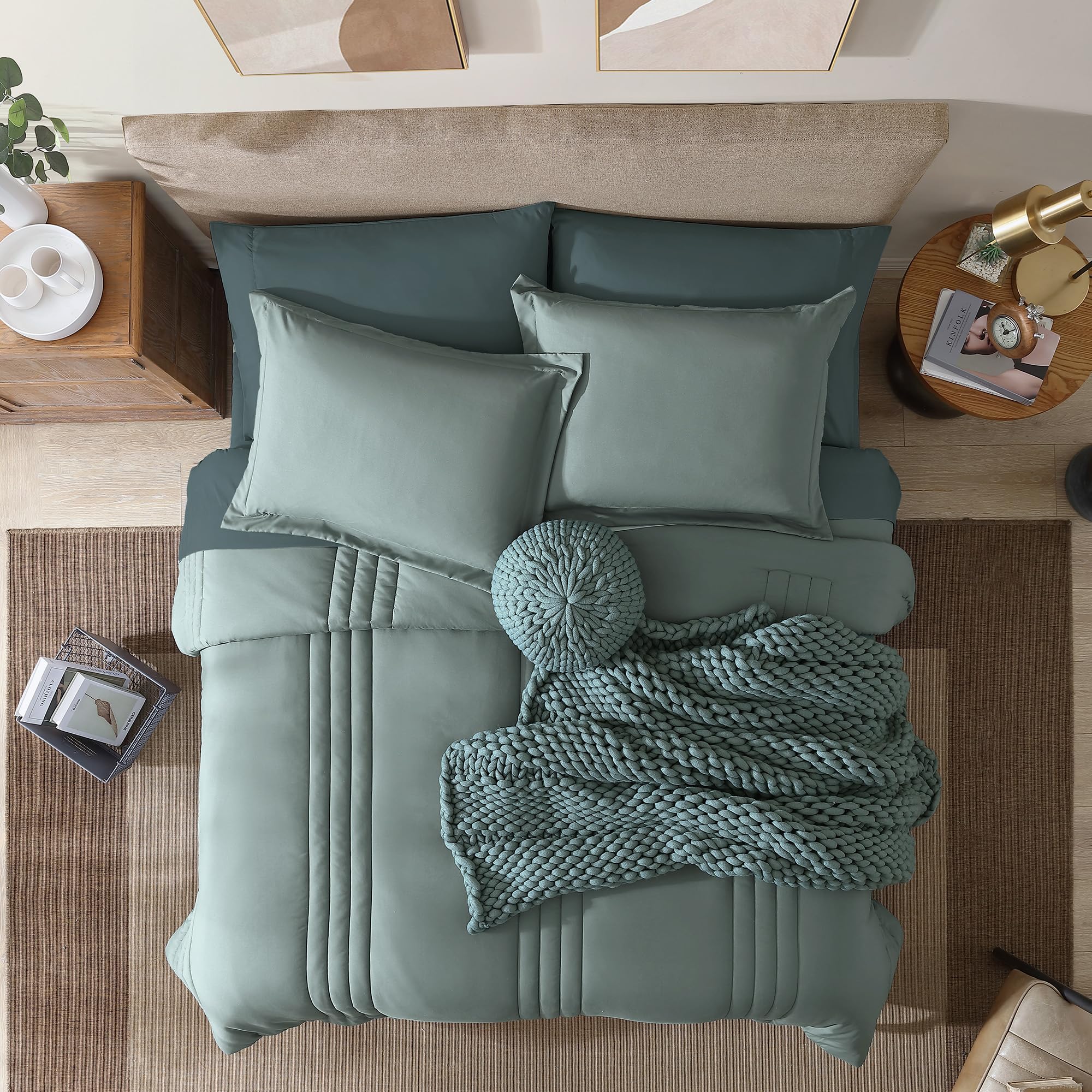 Monbix King Size Comforter Set - 7 Pieces Bed in a Bag Sage Green Down Alternative Polyester Fiber