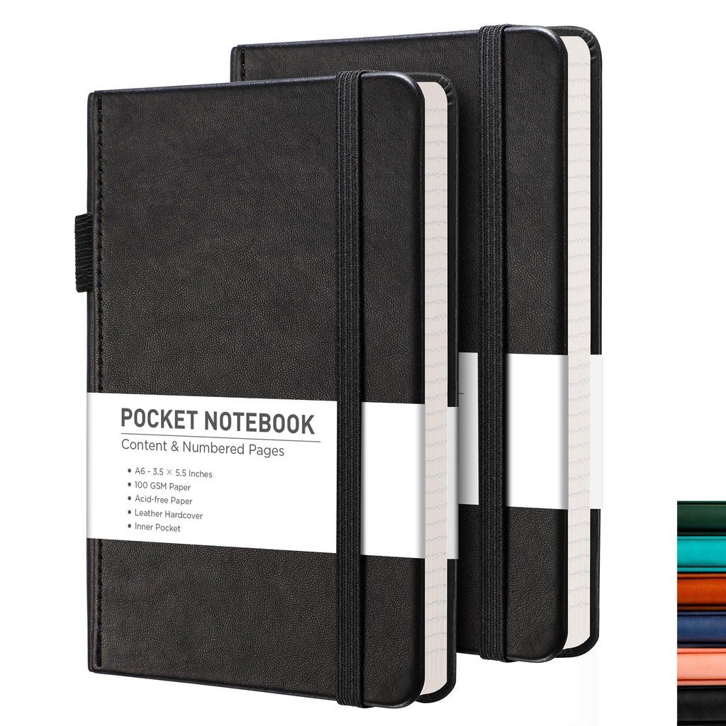 Rettacy Small Notebook 2-Pack - A6 Leather Hardcover Pocket Notebook With 160 Pages Per Pack, College Ruled Notebook, 100 Gsm Pr