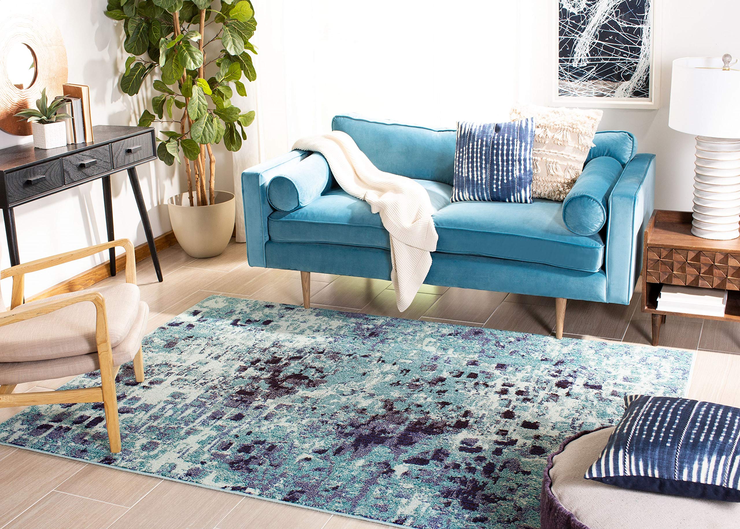 Safavieh Madison Collection Area Rug - 9' X 12', Turquoise & Navy, Boho Abstract Distressed Design, Non-Shedding & Easy Care, Id