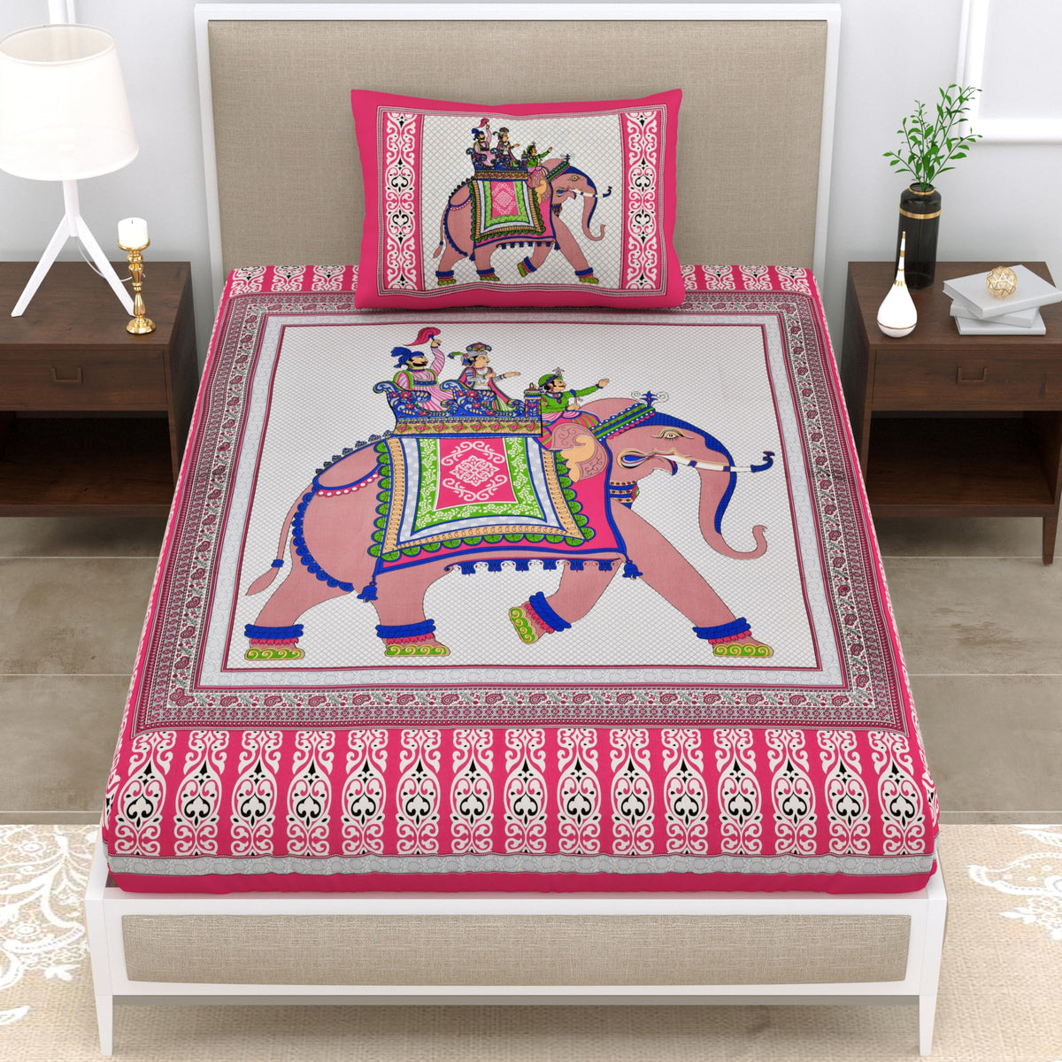 AC FASHION Rajasthani Jaipuri Traditional Sanganeri Elephant Print 144 TC 100% Cotton Single Size Bedsheet with one Pillow Cover