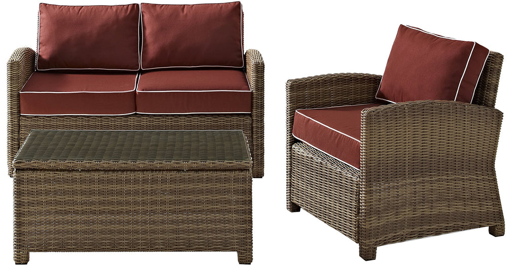 Crosley Furniture Bradenton 3-Piece Outdoor Loveseat Patio Furniture Set, Wicker Conversation Sets for Porch, Brown with Sangria Cushions