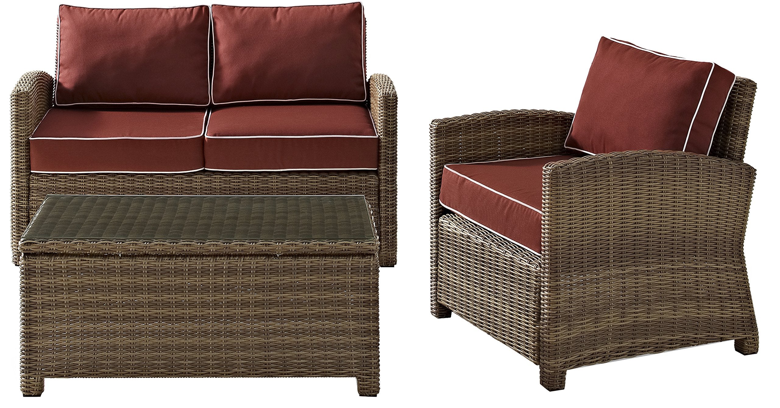Crosley Furniture Bradenton 3-Piece Outdoor Loveseat Patio Furniture Set, Wicker Conversation Sets for Porch, Brown with Sangria Cushions