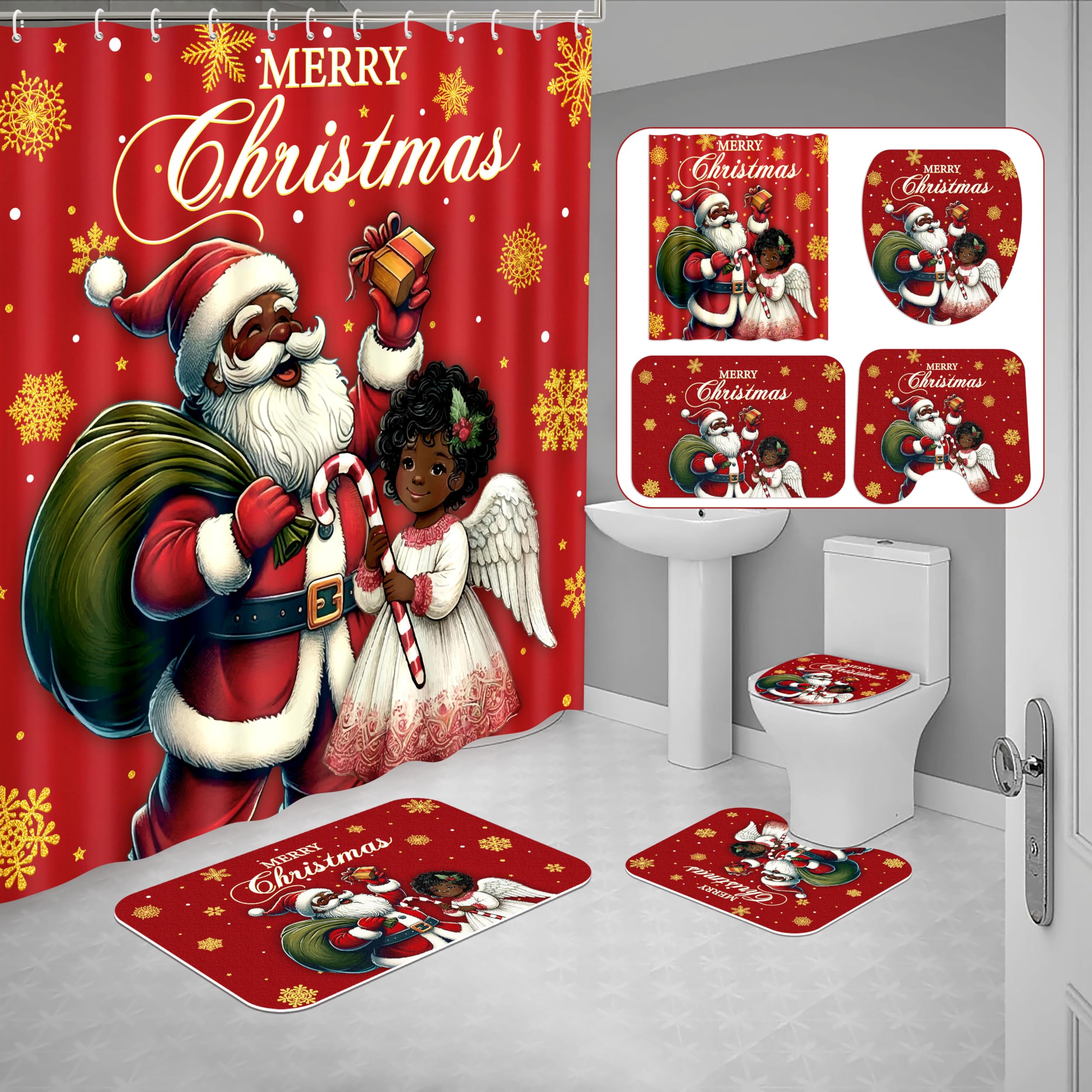 Tieshankao 4Pcs Christmas Shower Curtain Bathroom Set - Black Santa Claus Girl Non Slip Rugs Toilet Lid Cover Bath Mat with 12 H