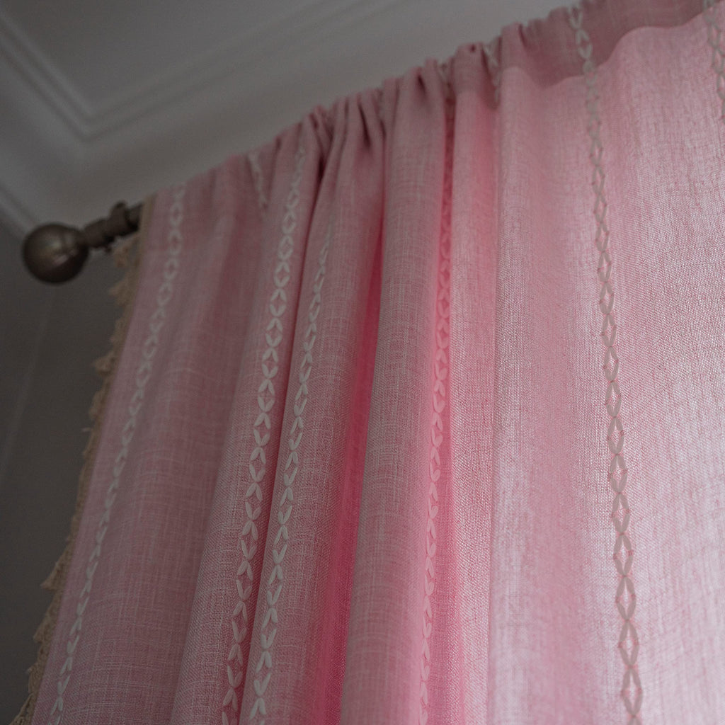 Sutuo Home Boho Curtains For Bedroom 96 Inches Long, Light Filtering Farmhouse Shabby Chic Tassels Window Treatment Bohemian Embroidery Drape, Rod Pocket 1 Panel 52' W X 96' L, Pink