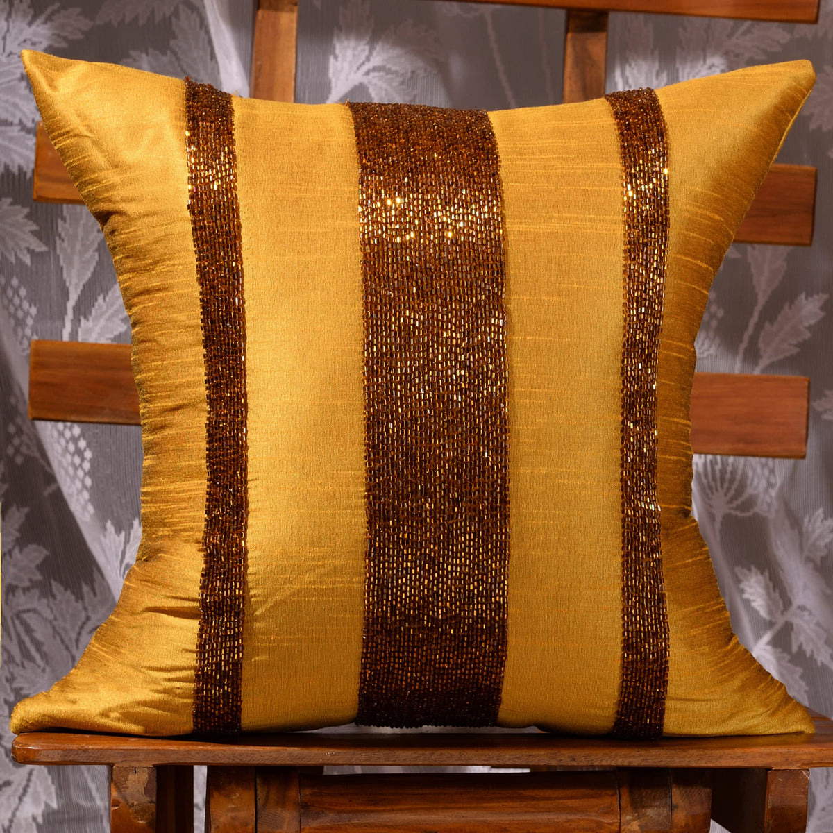Scarlett Linens Beaded Cushion Covers 16X16 Inches | Mustard Embroidered Cushion Covers Pack Of 1 | Festive Cushion Covers | Sof