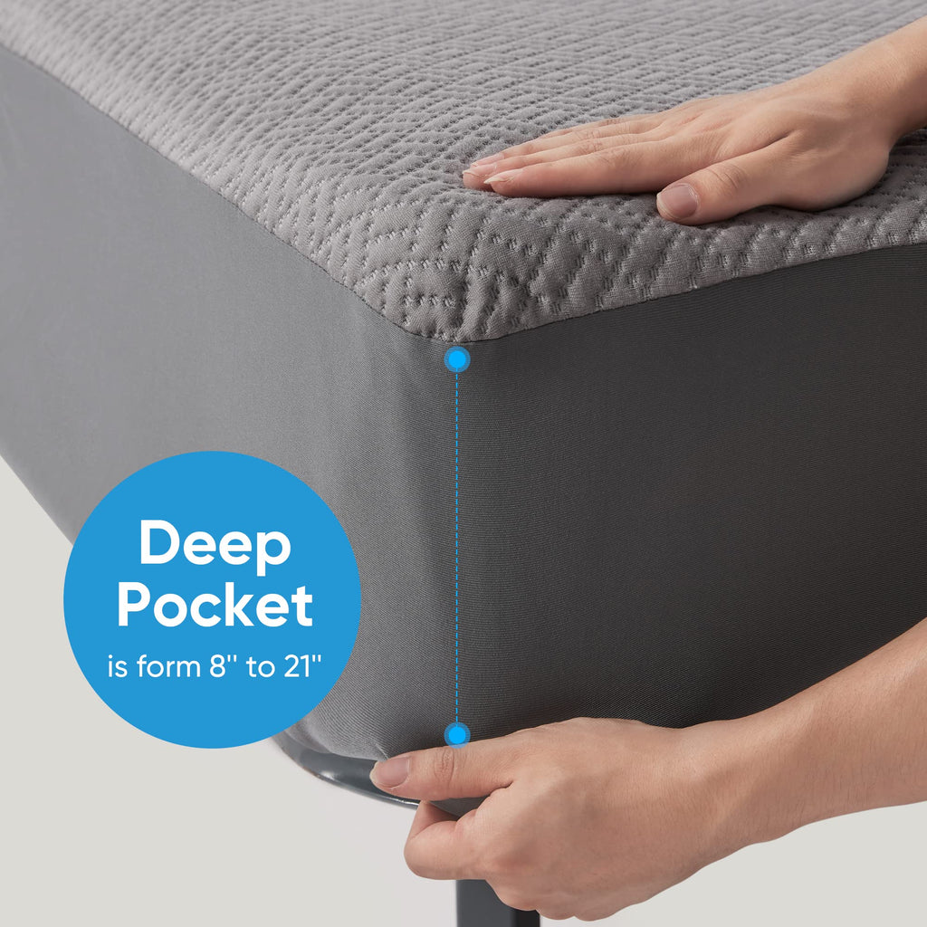 Hanherry 100% Waterproof Queen Size Mattress Protector, Grey, Rayon Made From Bamboo Terry Surface, 3D Air Fabric, 16 Inch Deep