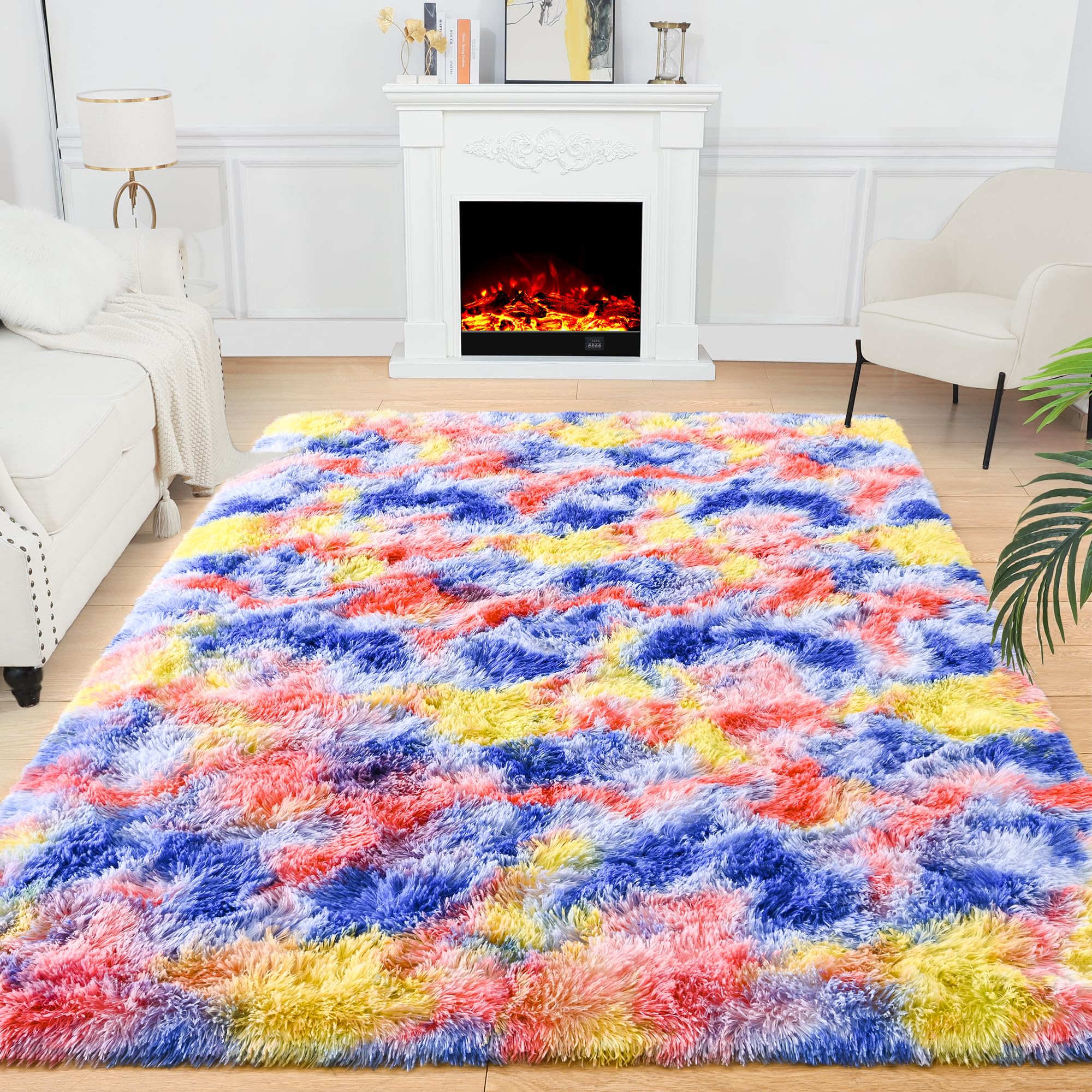 Noahas Rugs for Bedroom,Blue and Yellow 3x5 Kids Rug,Fluffy Rainbow Rug for Girls Bedroom,Cute Colorful Area Rug,Fuzzy Carpet Be