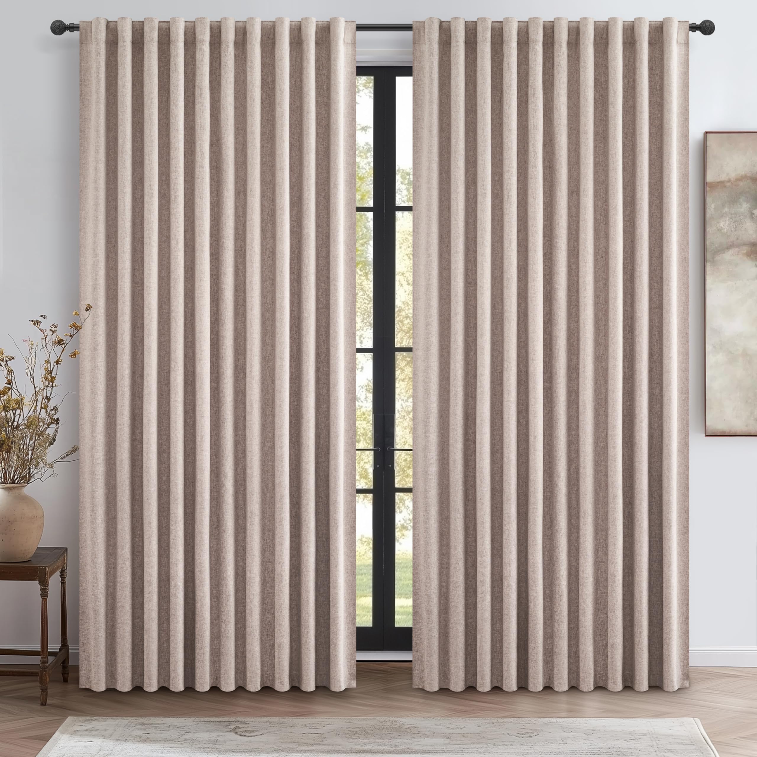 QJmydeco Curtains 70 Inch Length Wide Pleated Blackout Curtain for Sliding Glass Door/Living Room, Farmhouse Linen Thick Boho Be