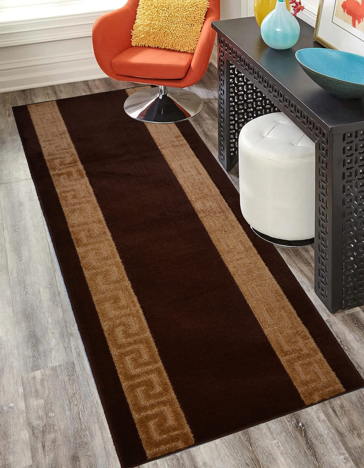Washable Custom Size Runner Rug Meander Design Brown Beige, (6 Feet Length x 26 Inch Width) Custom Cut Slip Resistant Rubber Bac