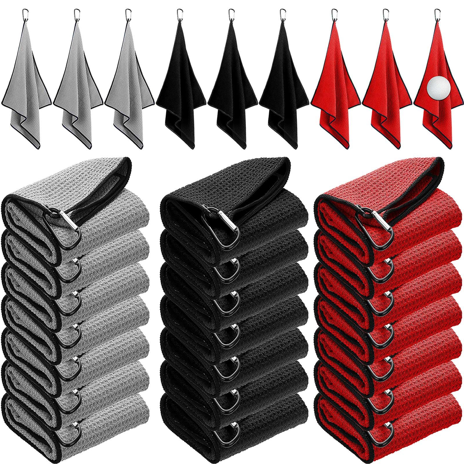 Batiyeer Bulk Golf Towel for Golf Bags 16 x 24 Microfiber Fabric Golf Towel with Clip Waffle Pattern Golf Towel for Golf Bags, F