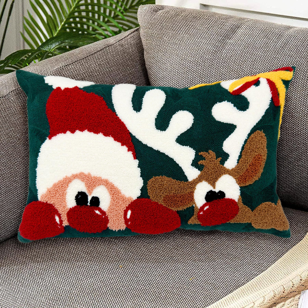 Alysheer Embroidered Lumbar Decorative Throw Pillow Cover 12''X 20'', Christmas Santa Deer Tufted Embroidery Pattern Cozy Cotton