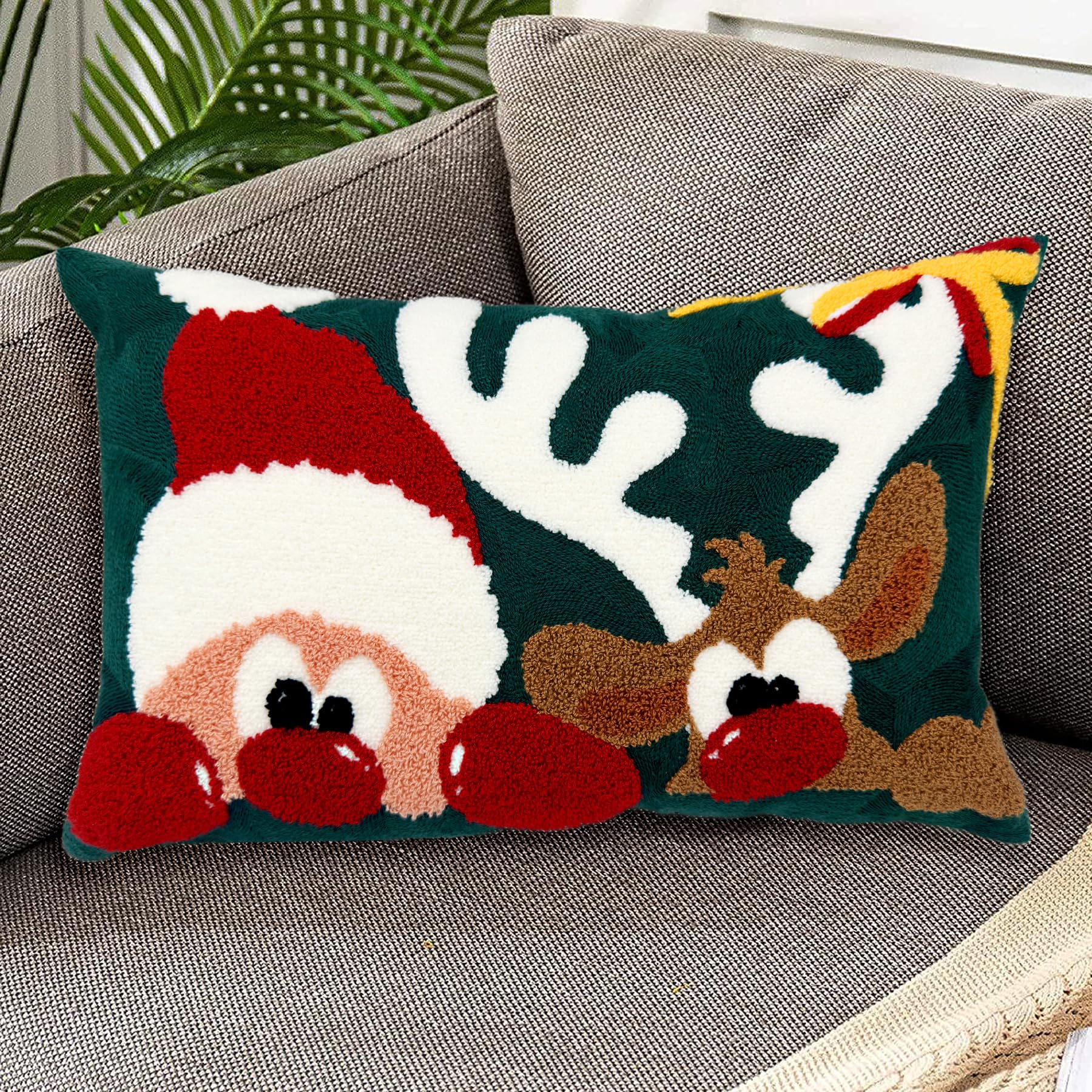 Alysheer Embroidered Lumbar Decorative Throw Pillow Cover 12''X 20'', Christmas Santa Deer Tufted Embroidery Pattern Cozy Cotton