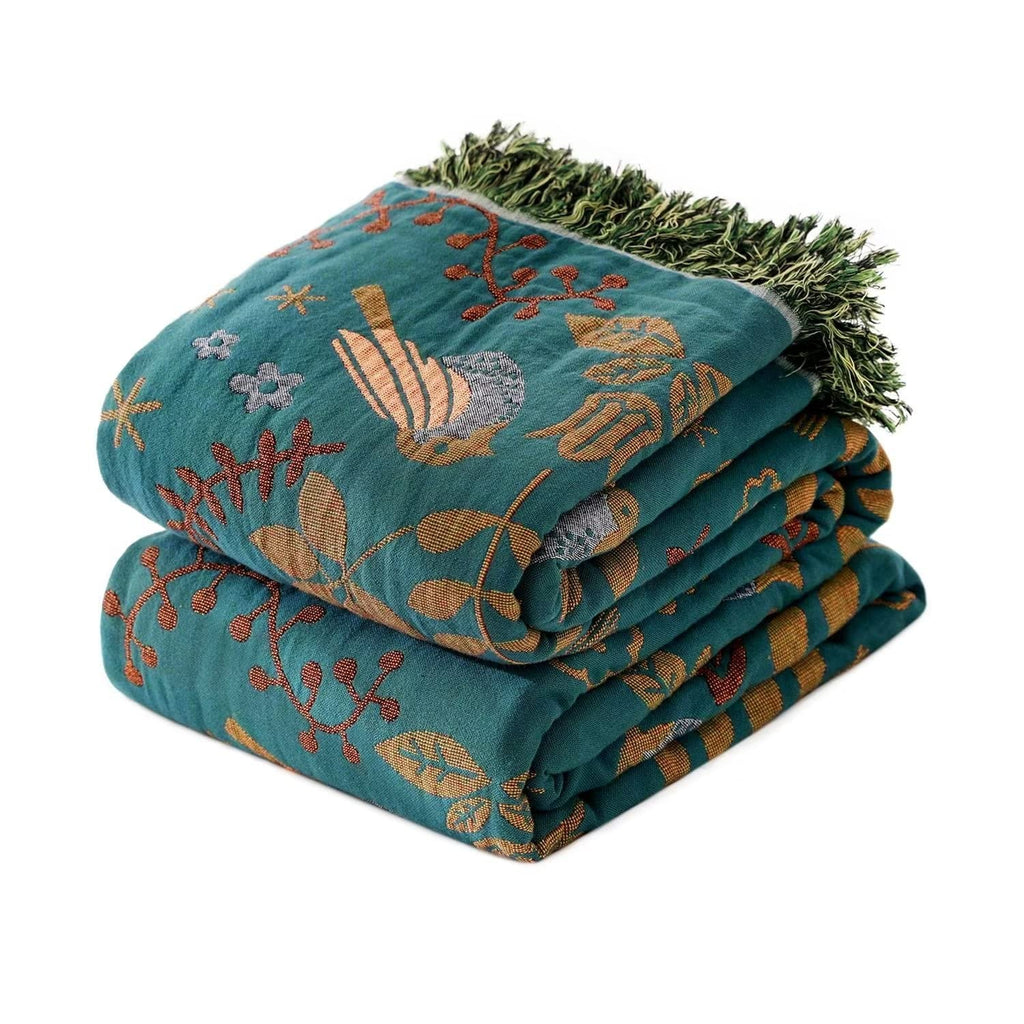 Boho Throw Blanket For Bed - 100% Cotton Ultra Soft Rustic Quilt - Summer Queen Blanket Bird Floral Printed Farmhouse Decor Larg