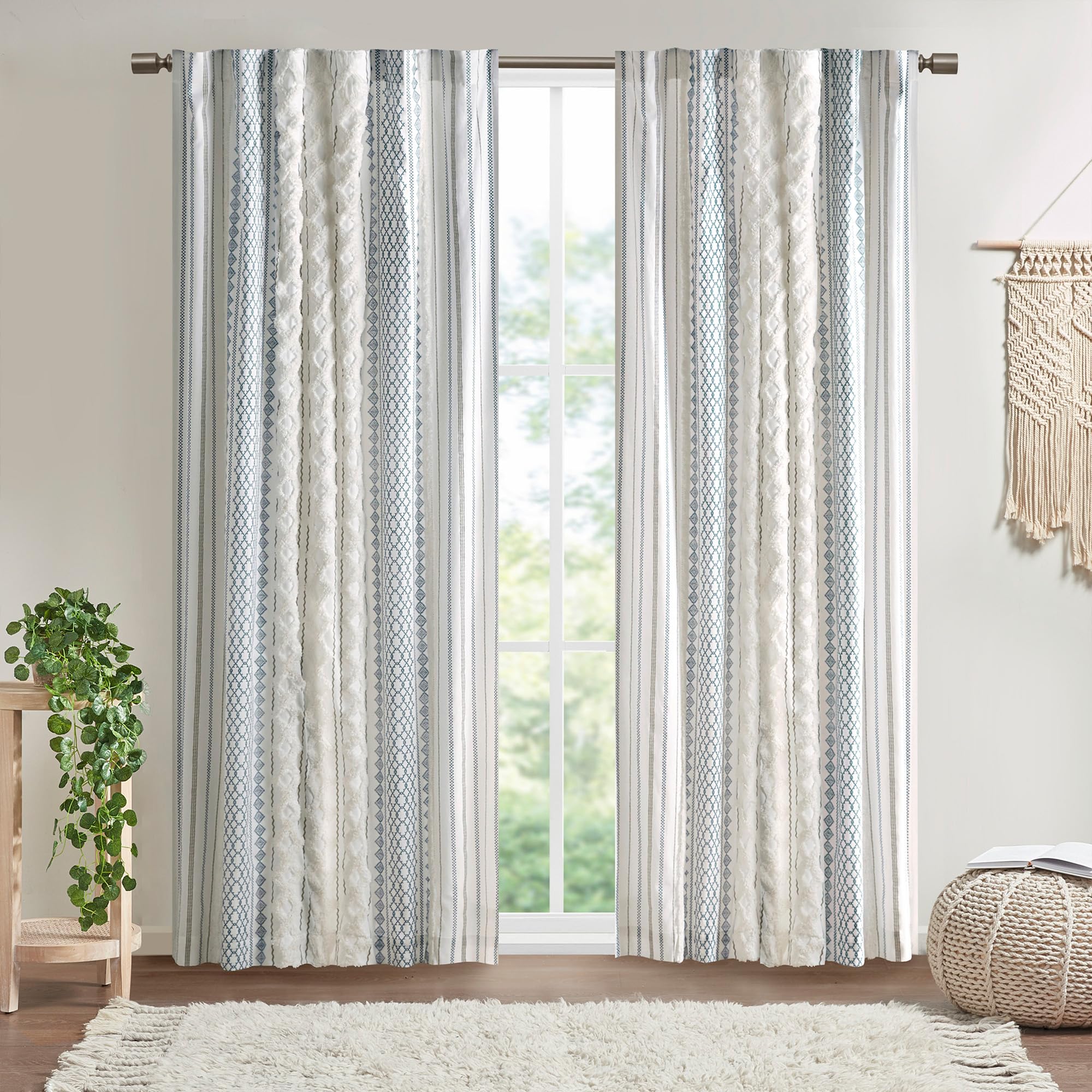 INK+IVY Boho Curtain for Bedroom Single Panel Window Curtain for Living Room, 100% Cotton Tufted Chenille Stripe Modern Farmhous