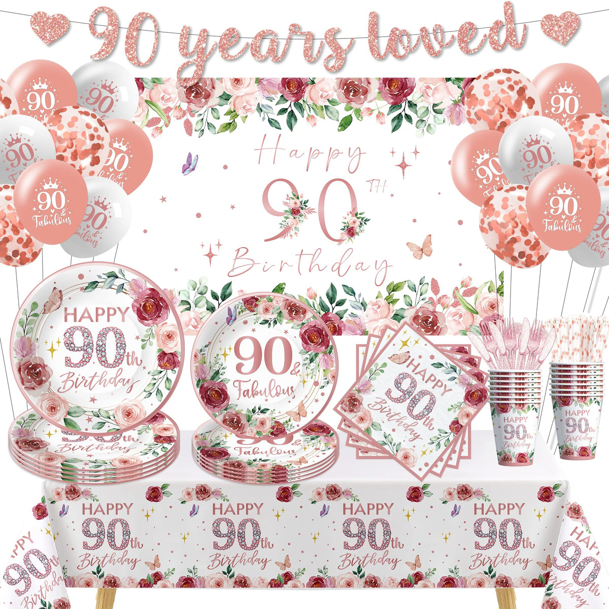 FVABO 90th Birthday Decorations for Women, Rose Gold Fabulous Happy 90th Birthday Party Supplies, Paper Plate, Napkin, Cup, Back
