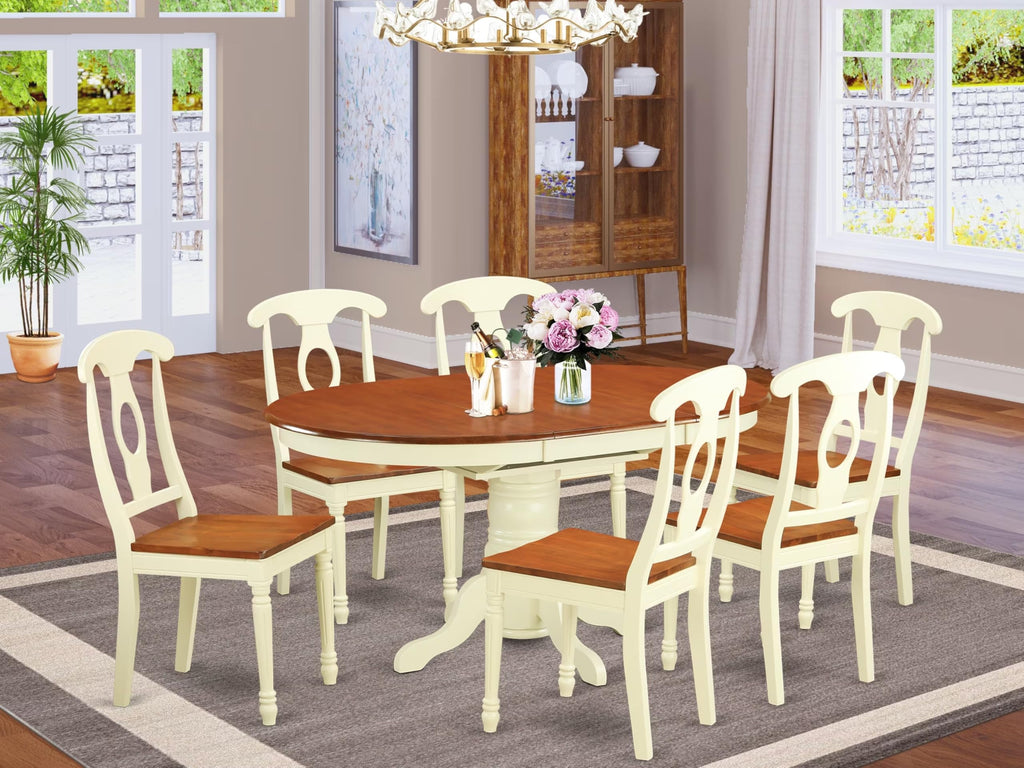 East West Furniture KENL7-WHI-W 7 Piece Modern Dining Table Set Consist of an Oval Wooden Table with Butterfly Leaf and 6 Kitchen Dining Chairs, 42x60 Inch, Buttermilk & Cherry