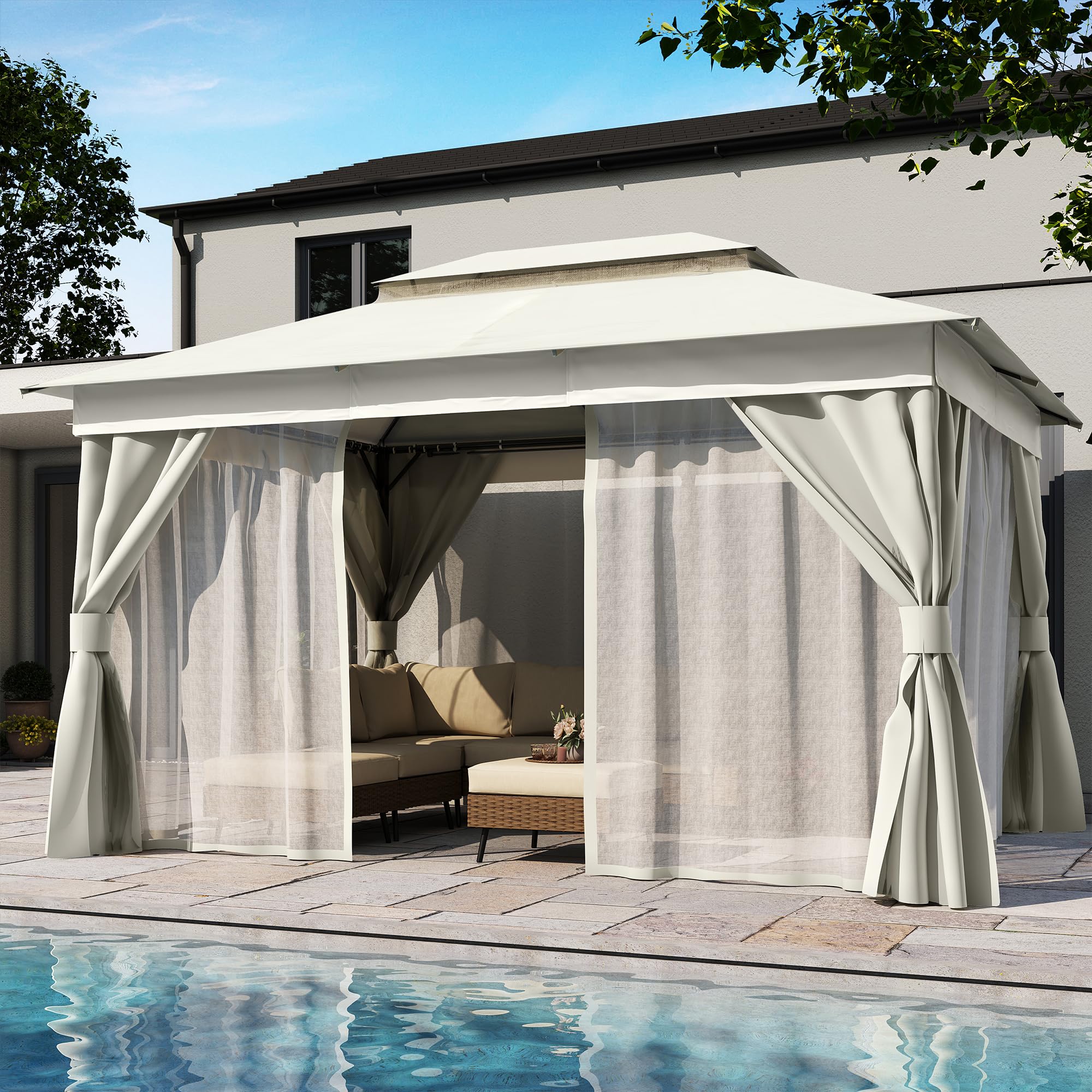 Lausaint Home Outdoor Patio Gazebo 10'X13' With Expansion Bolts, Heavy Duty Gazebos Shelter Party Tent With Double Roofs, Mosquito Nettings And Privacy Screens For Backyard, Garden, Lawn, Cream White