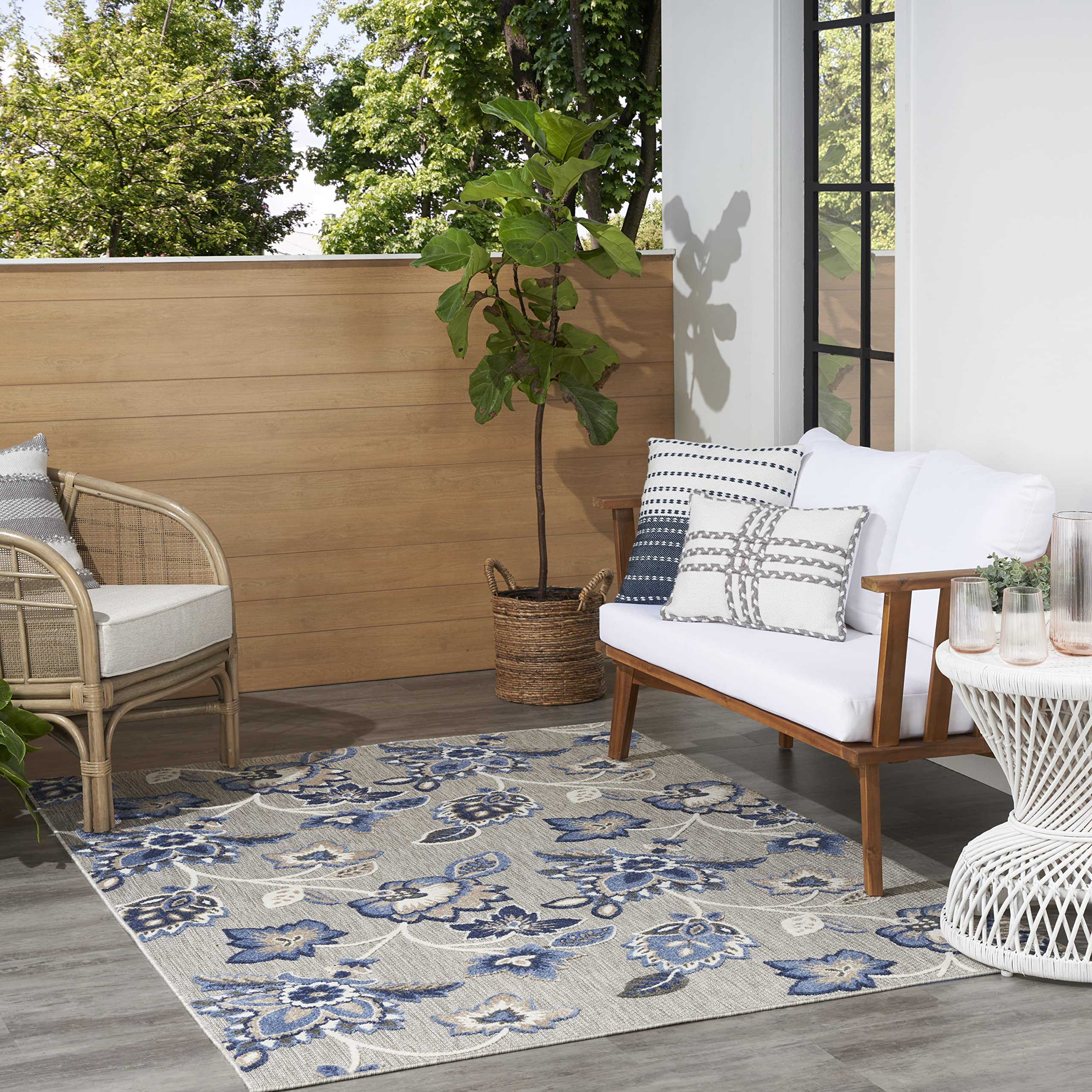 Nourison Aloha Indoor/Outdoor Modern Blue/Grey 7' X 10' Area Rug, Easy Cleaning, Non Shedding, Bed Room, Living Room, Dining Room, Kitchen (7X10)