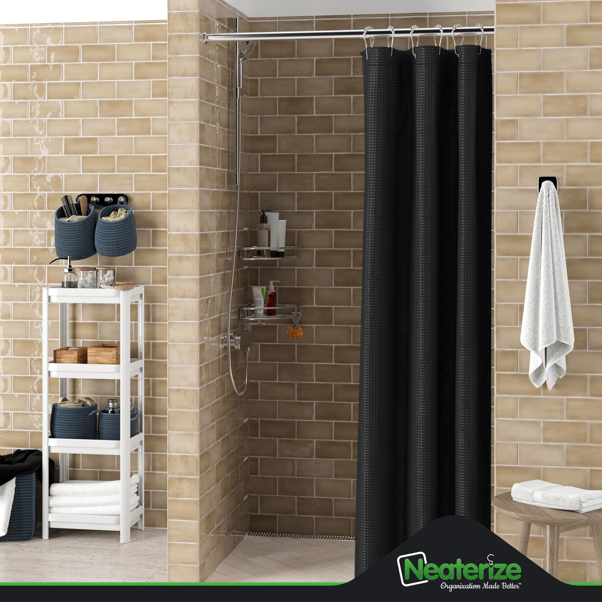 Neaterize Stall Shower Curtain Black - Hotel Style Black Shower Curtains For Bathroom With Waffle Design, 36X72 Inches - Fabric