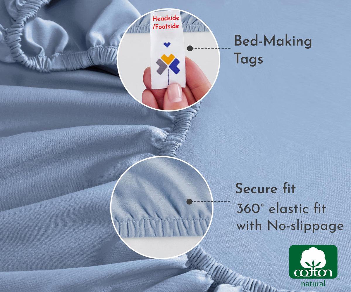 California Design Den Twin Fitted Sheet Only, Soft 100% Cotton Sateen, Deep Pocket, Durable All-Around Elastic, Head/Foot Side Indicators, Fitted Sheet Twin Size Cotton (Blue Hydrangea)