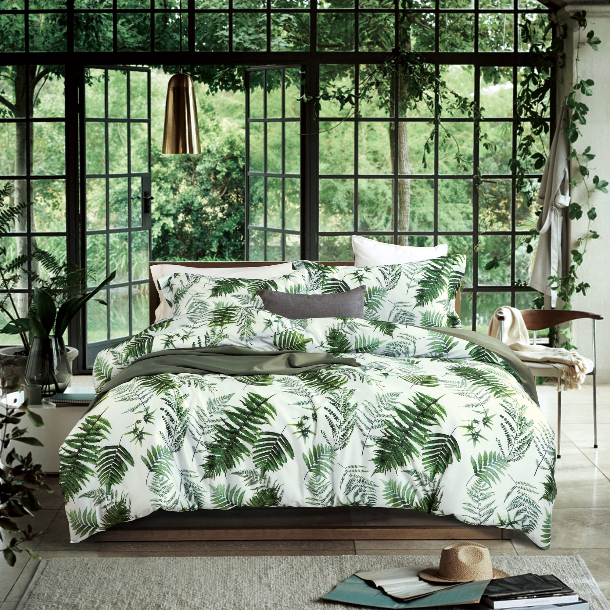 MILDLY 100% Long-Staple Cotton Duvet Cover Set Green Palm Leaf Pattern Printed Comforter Cover 3pcs, Ultra Soft & Breathable Bed