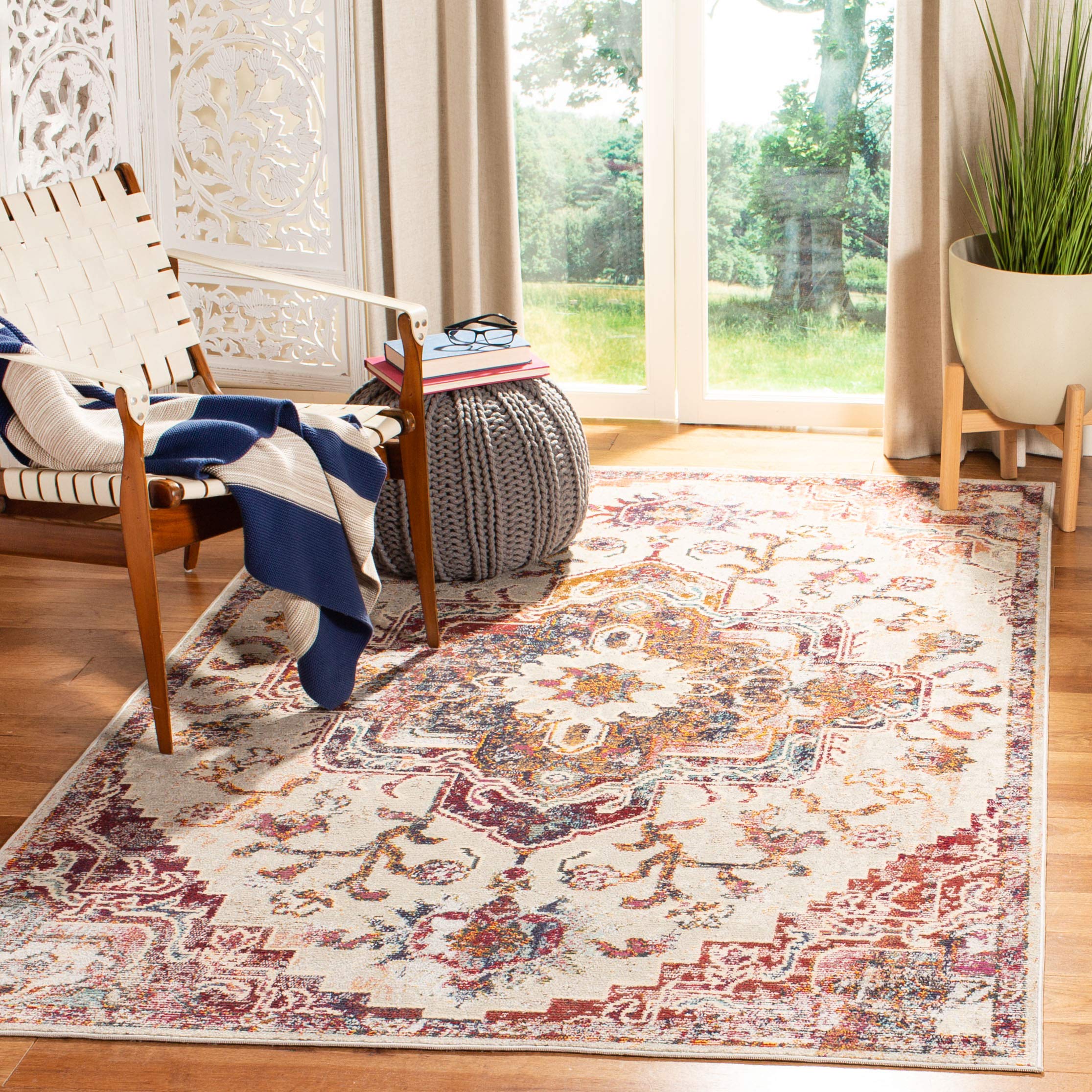 SAFAVIEH Crystal Collection Accent Rug - 3 x 5, Light Blue & Burgundy, Medallion Design, Non-Shedding & Easy Care, Ideal for H