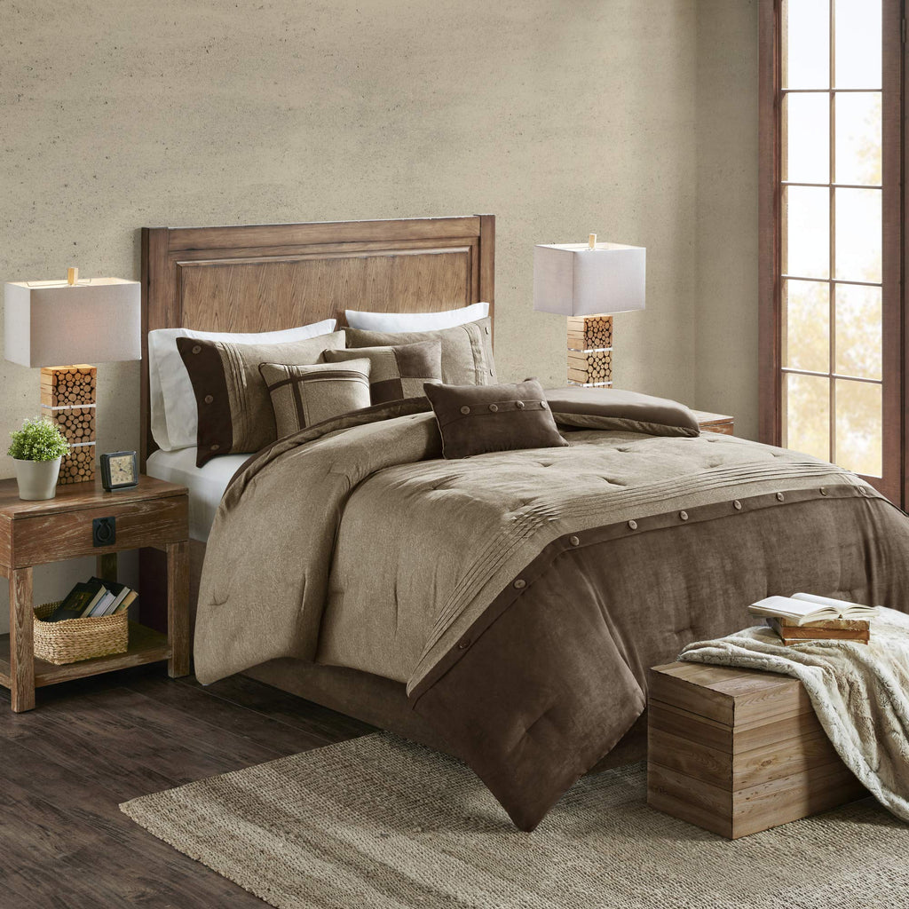 Madison Park Boone Cozy Comforter Set, Faux Suede, Deluxe Hotel Styling All Season Down Alternative Bedding Matching Shams, Decorative Pillow, Queen (90 In X 90 In), Rustic Brown 7 Piece