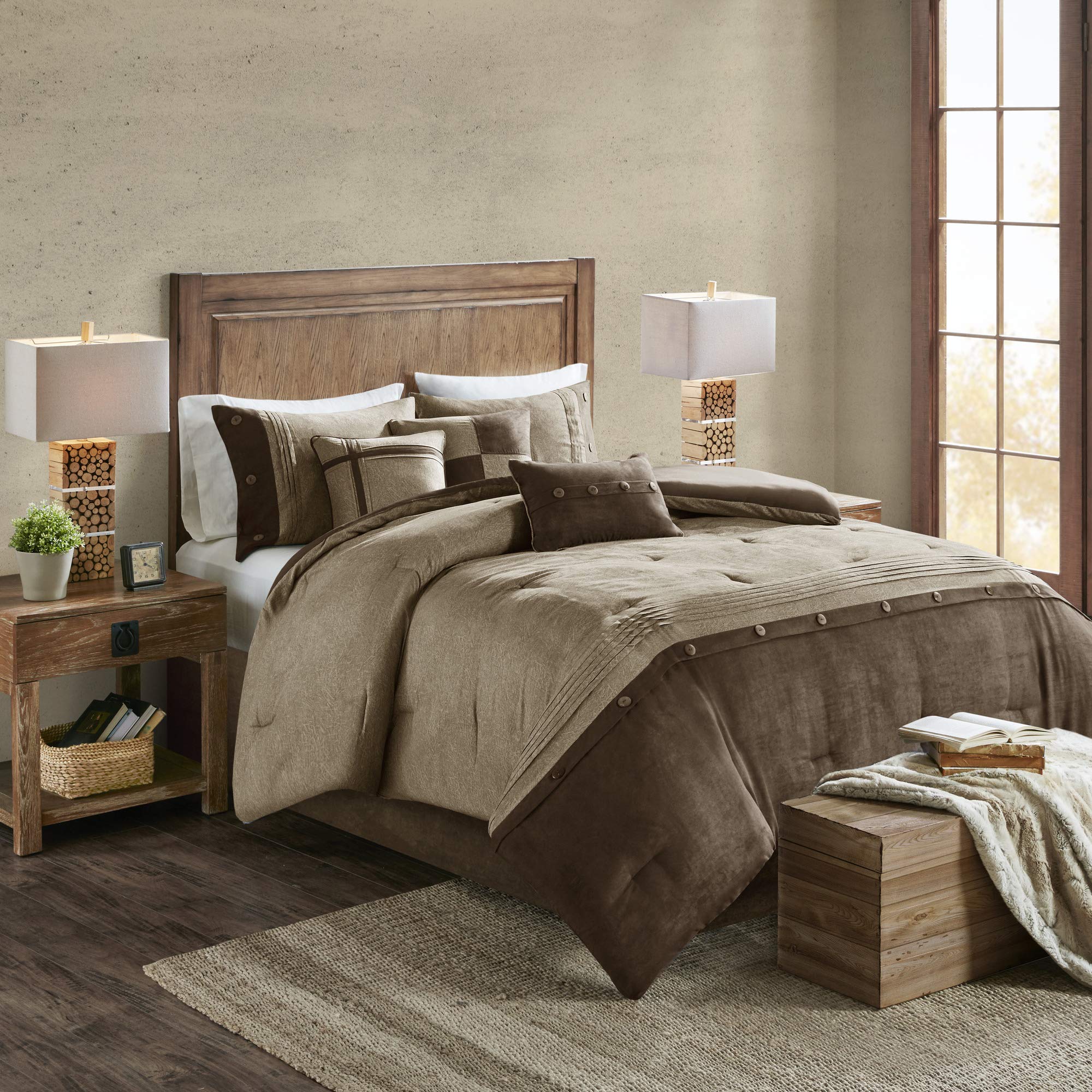 Madison Park Boone Cozy Comforter Set, Faux Suede, Deluxe Hotel Styling All Season Down Alternative Bedding Matching Shams, Decorative Pillow, Queen (90 In X 90 In), Rustic Brown 7 Piece